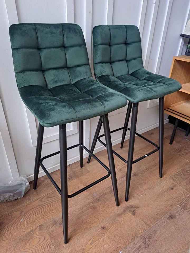 Green Velvet bar stool black metal frame legs