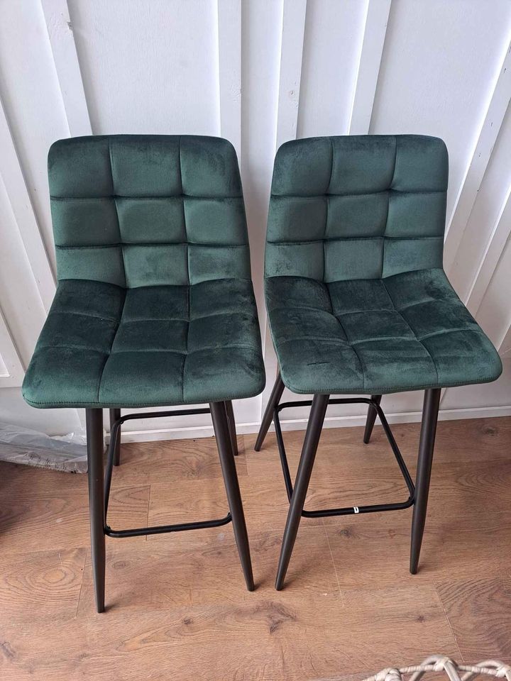 Green Velvet bar stool black metal frame legs