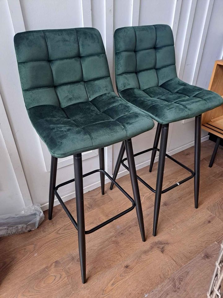 Green Velvet bar stool black metal frame legs