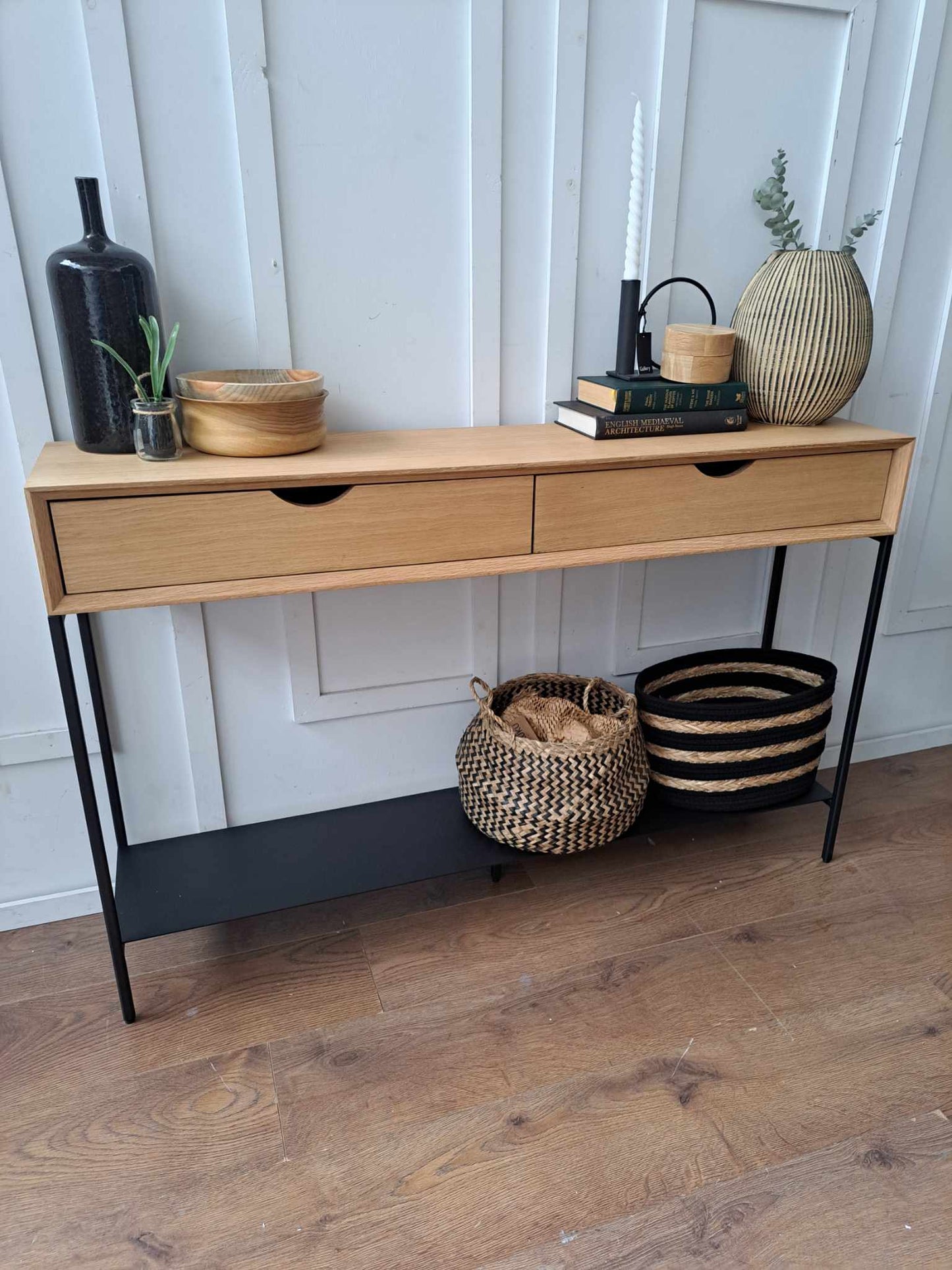 Oak and Black Metal Console Table with shelf and drawers / La Redoute Mambo