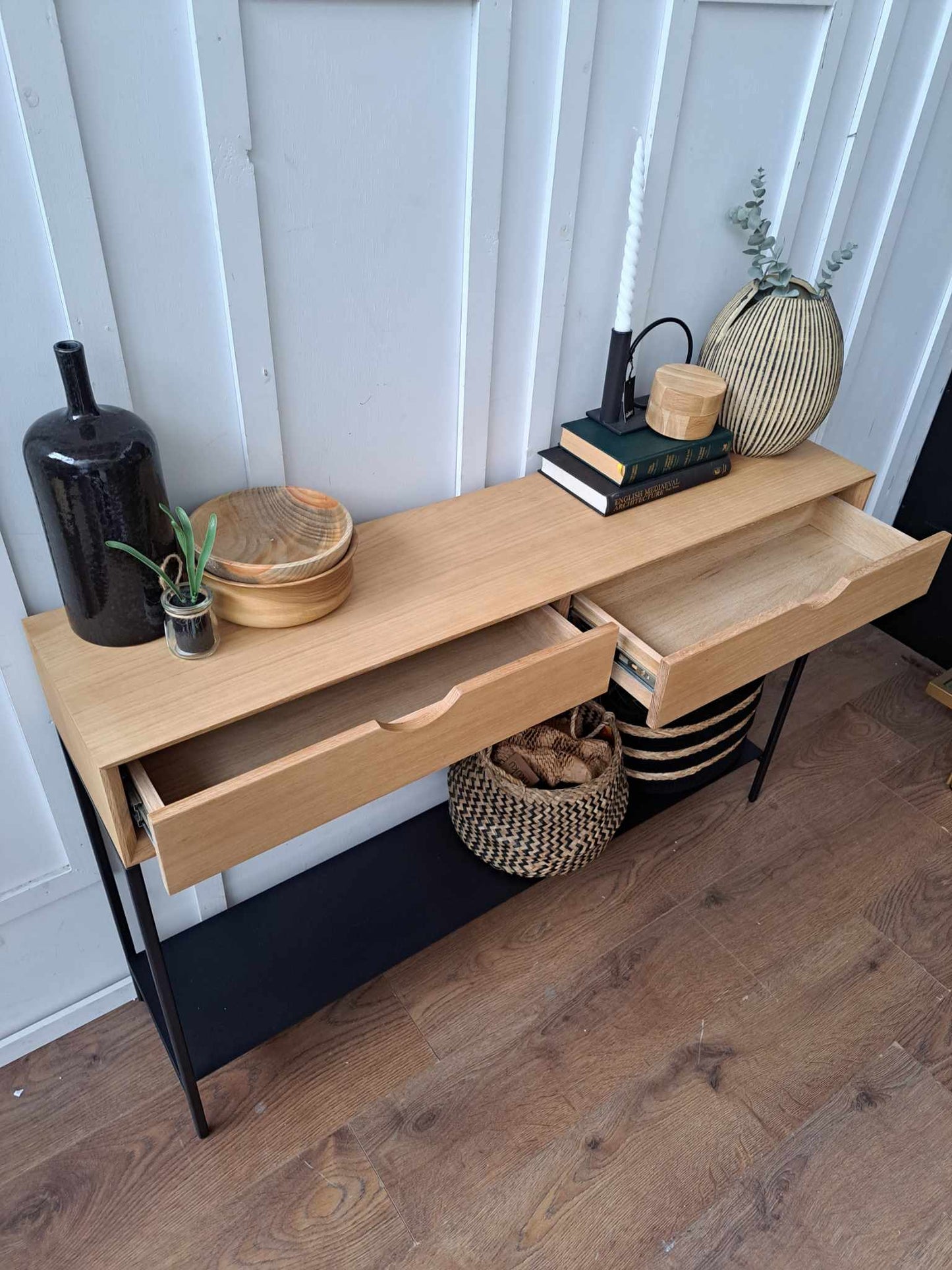 Oak and Black Metal Console Table with shelf and drawers / La Redoute Mambo