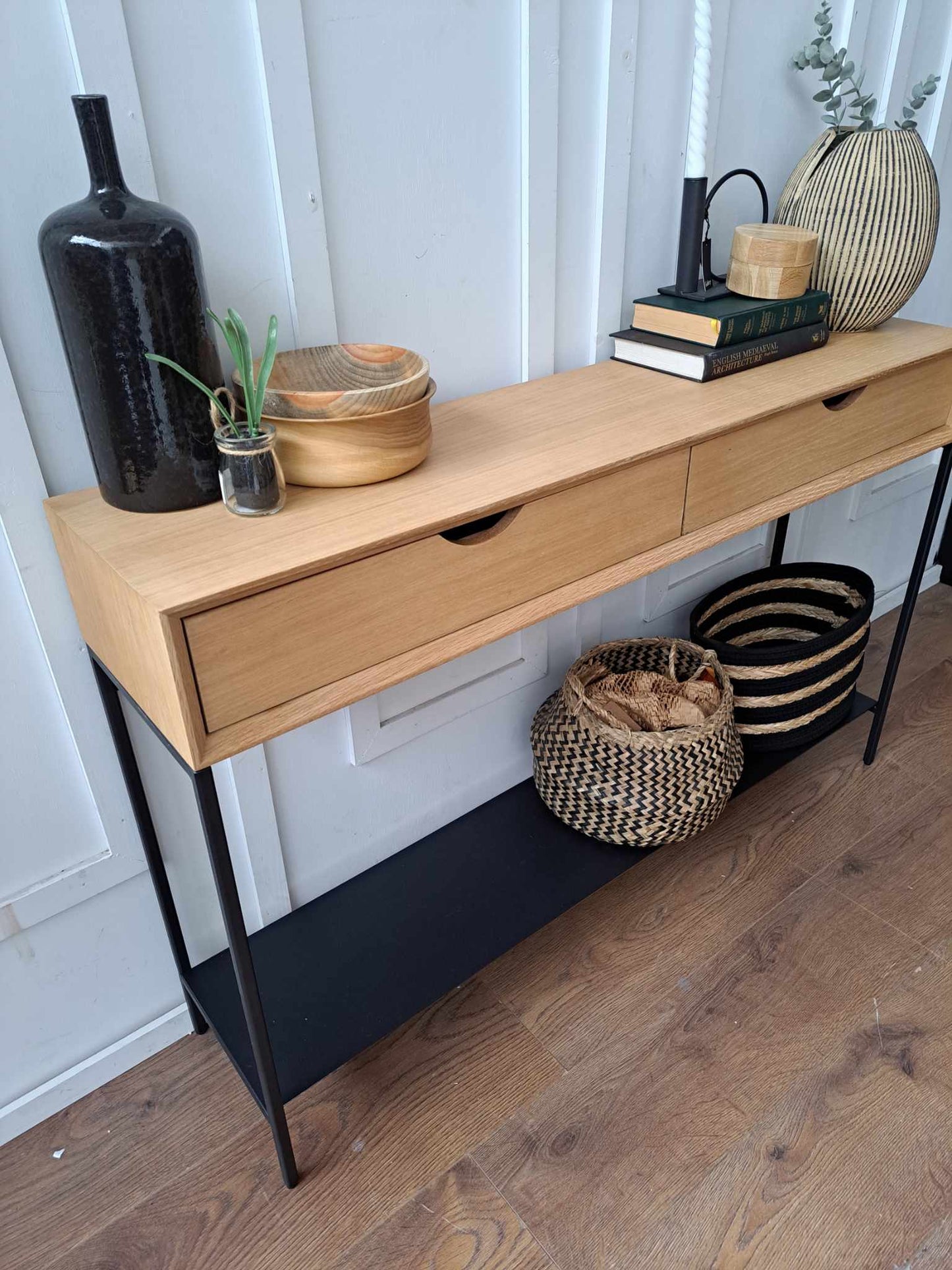 Oak and Black Metal Console Table with shelf and drawers / La Redoute Mambo