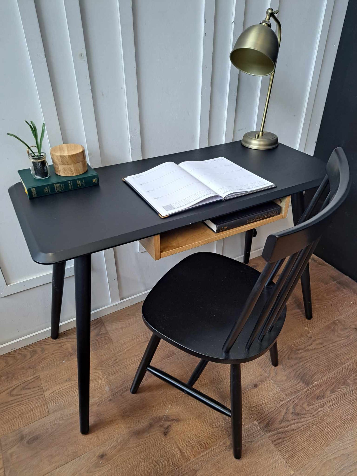 Mid Century Style Black and Oak Writing Desk with Storage