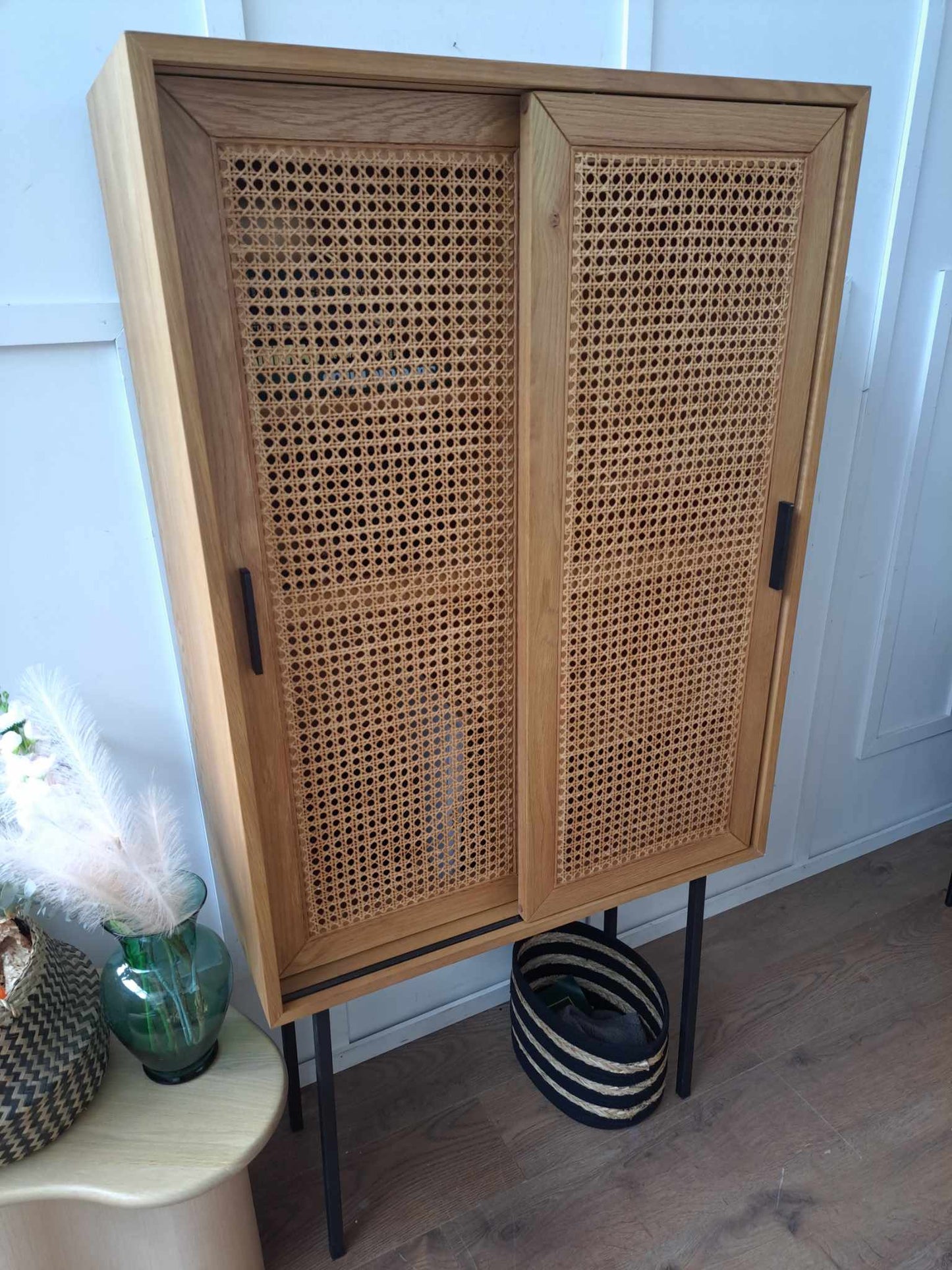 2 Sliding Cane / Rattan and Oak High Sideboard Wardrobe / La Redoute Waska RRP £1050