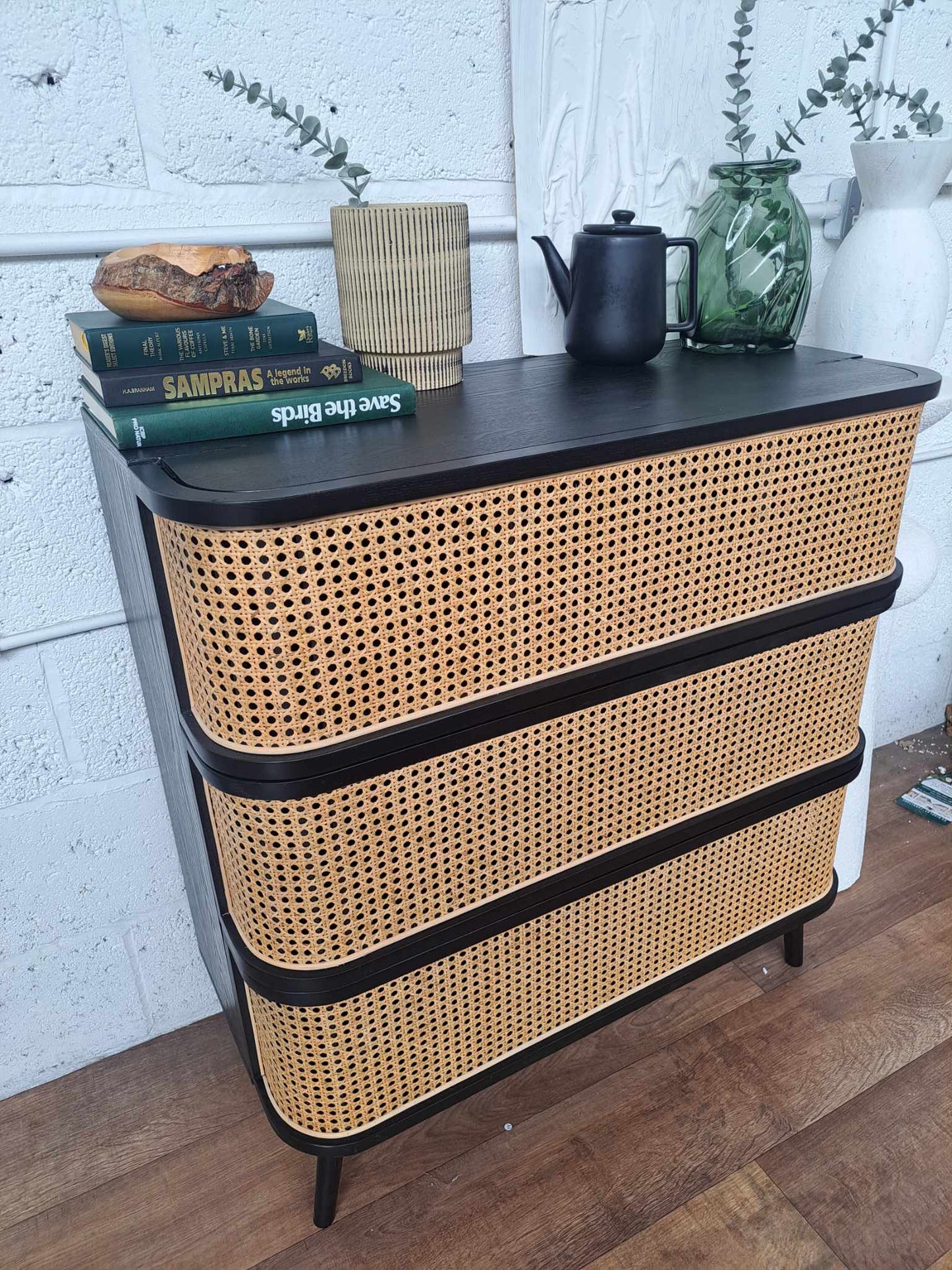 Black and Cane Chest of 3 Drawers / Laora RRP £650