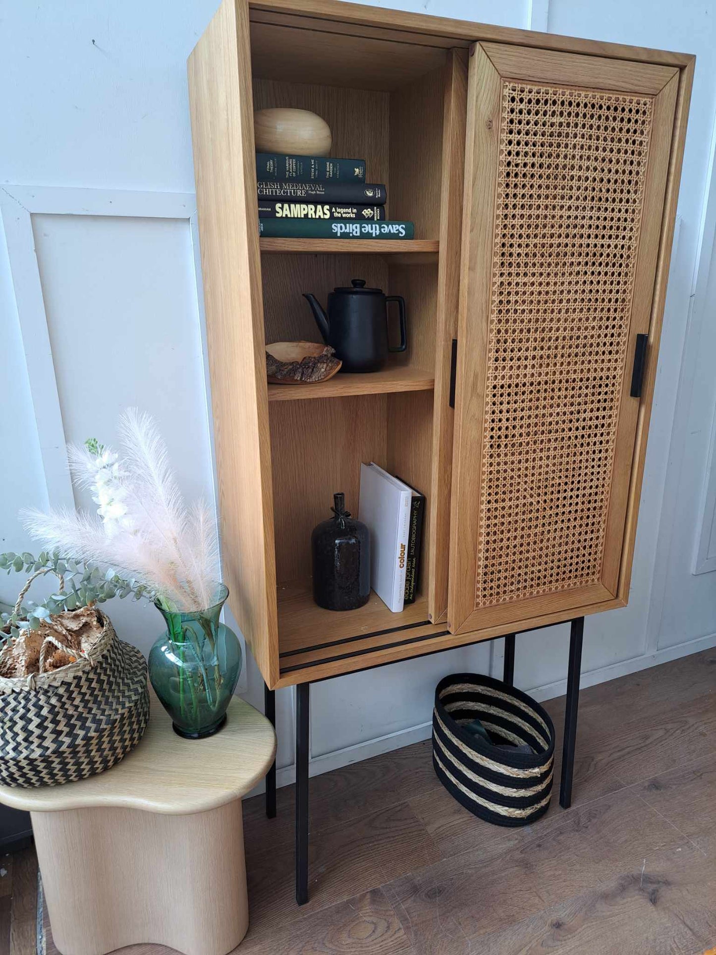 2 Sliding Cane / Rattan and Oak High Sideboard Wardrobe / La Redoute Waska RRP £1050