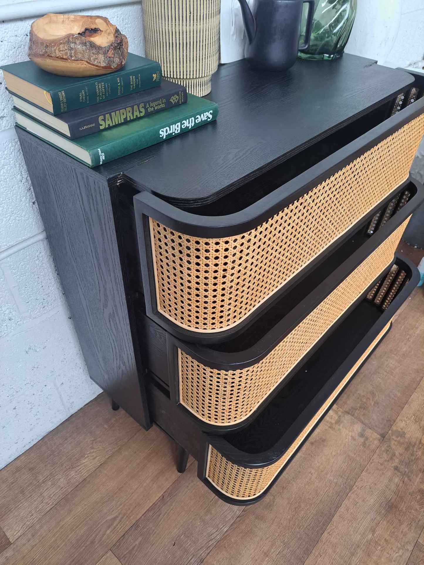 Black and Cane Chest of 3 Drawers / Laora RRP £650