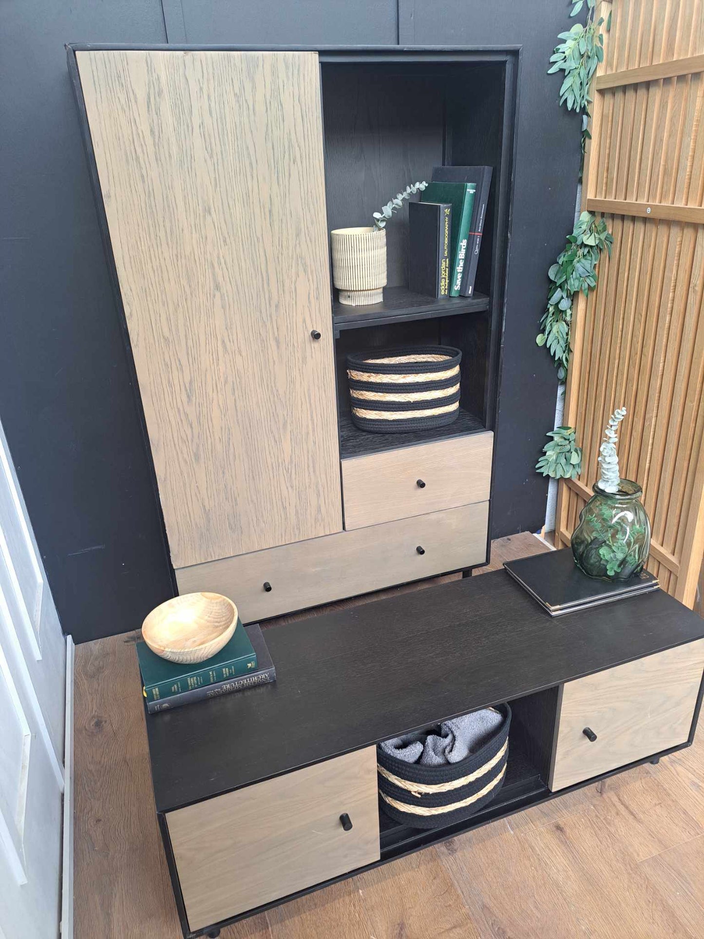 Black and Washed Oak Display Shelving Unit with drawers / Bookcase / RRP £1125