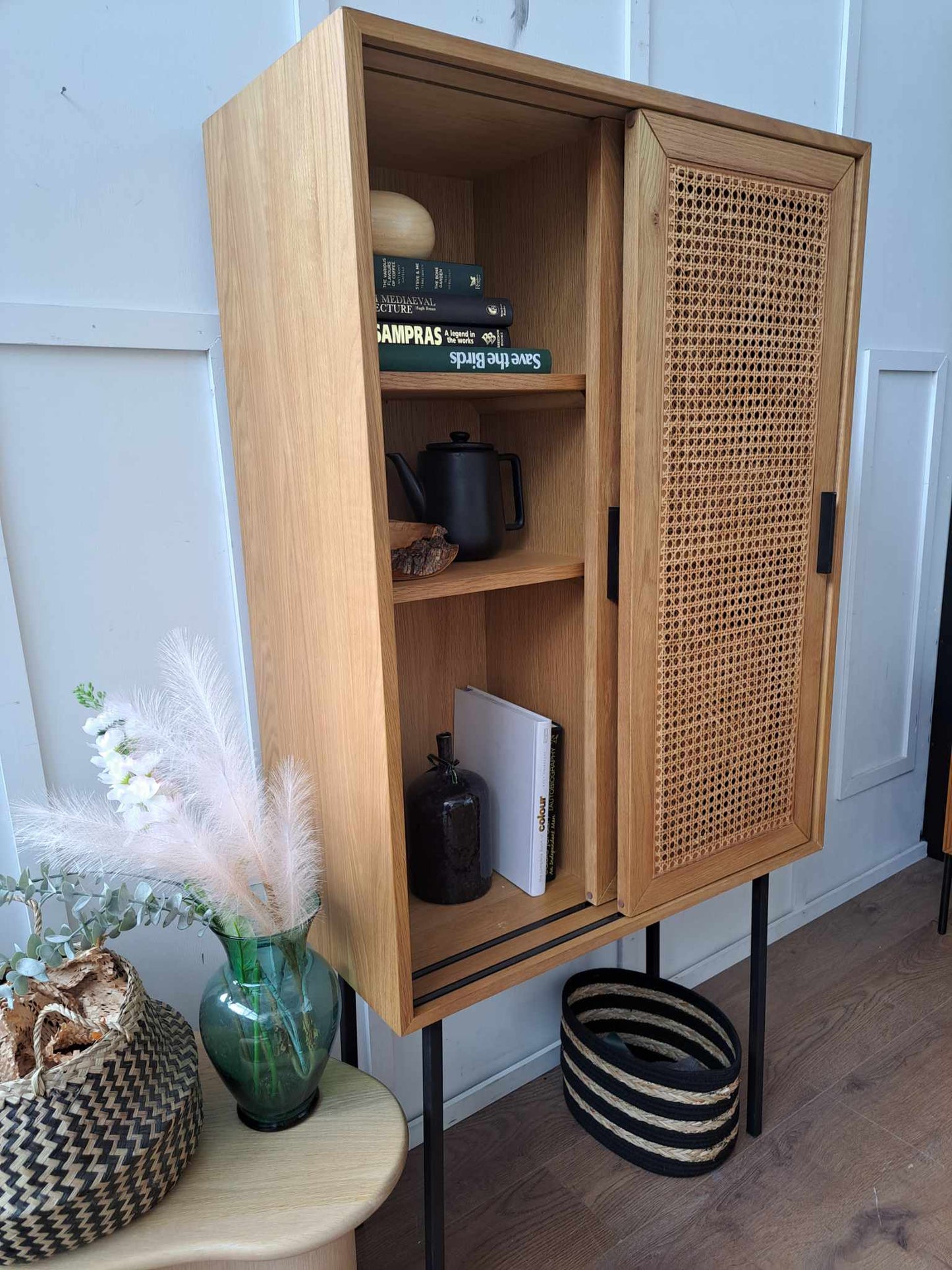 2 Sliding Cane / Rattan and Oak High Sideboard Wardrobe / La Redoute Waska RRP £1050