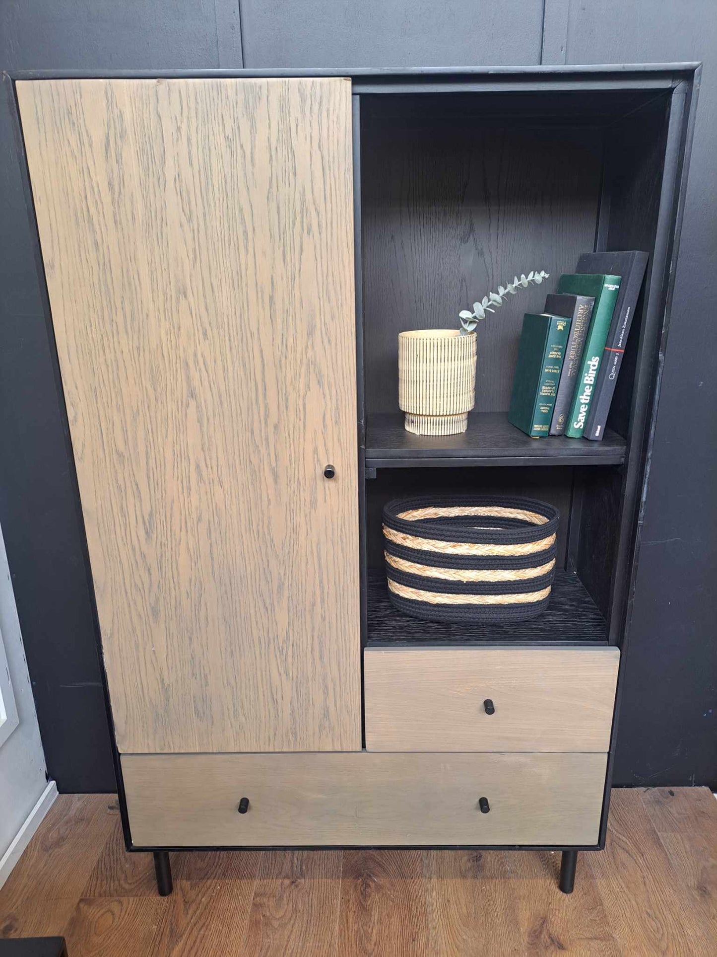 Black and Washed Oak Display Shelving Unit with drawers / Bookcase / RRP £1125