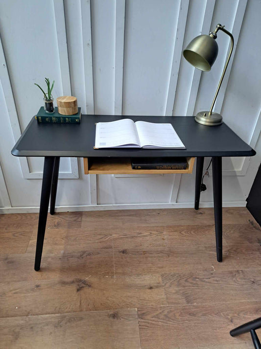 Mid Century Style Black and Oak Writing Desk with Storage