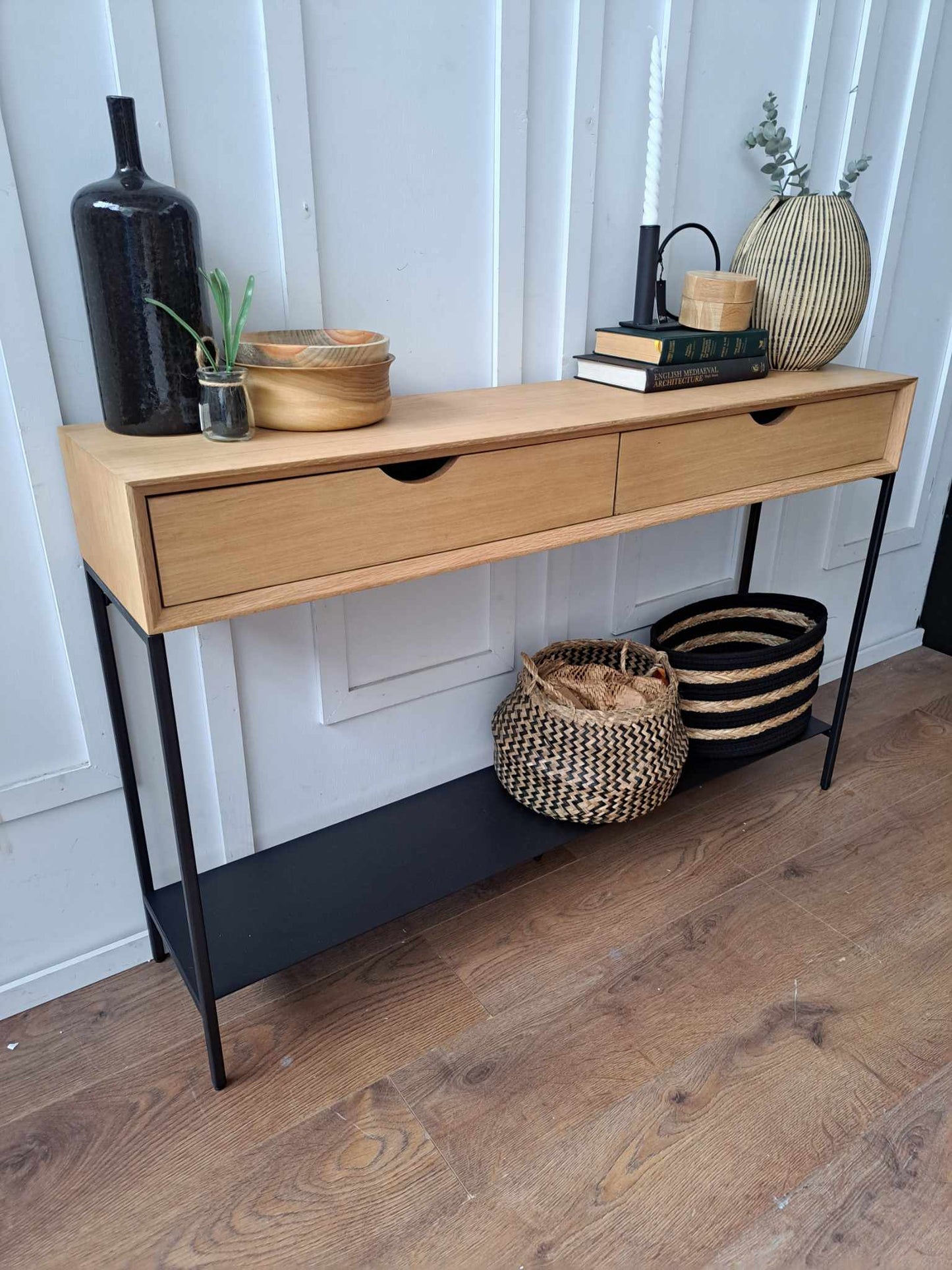 Oak and Black Metal Console Table with shelf and drawers / La Redoute Mambo