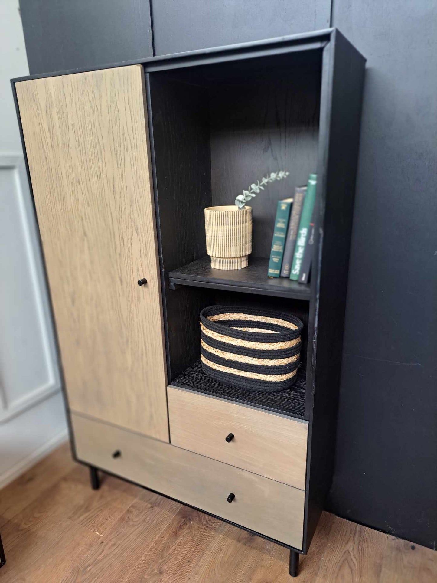 Black and Washed Oak Display Shelving Unit with drawers / Bookcase / RRP £1125