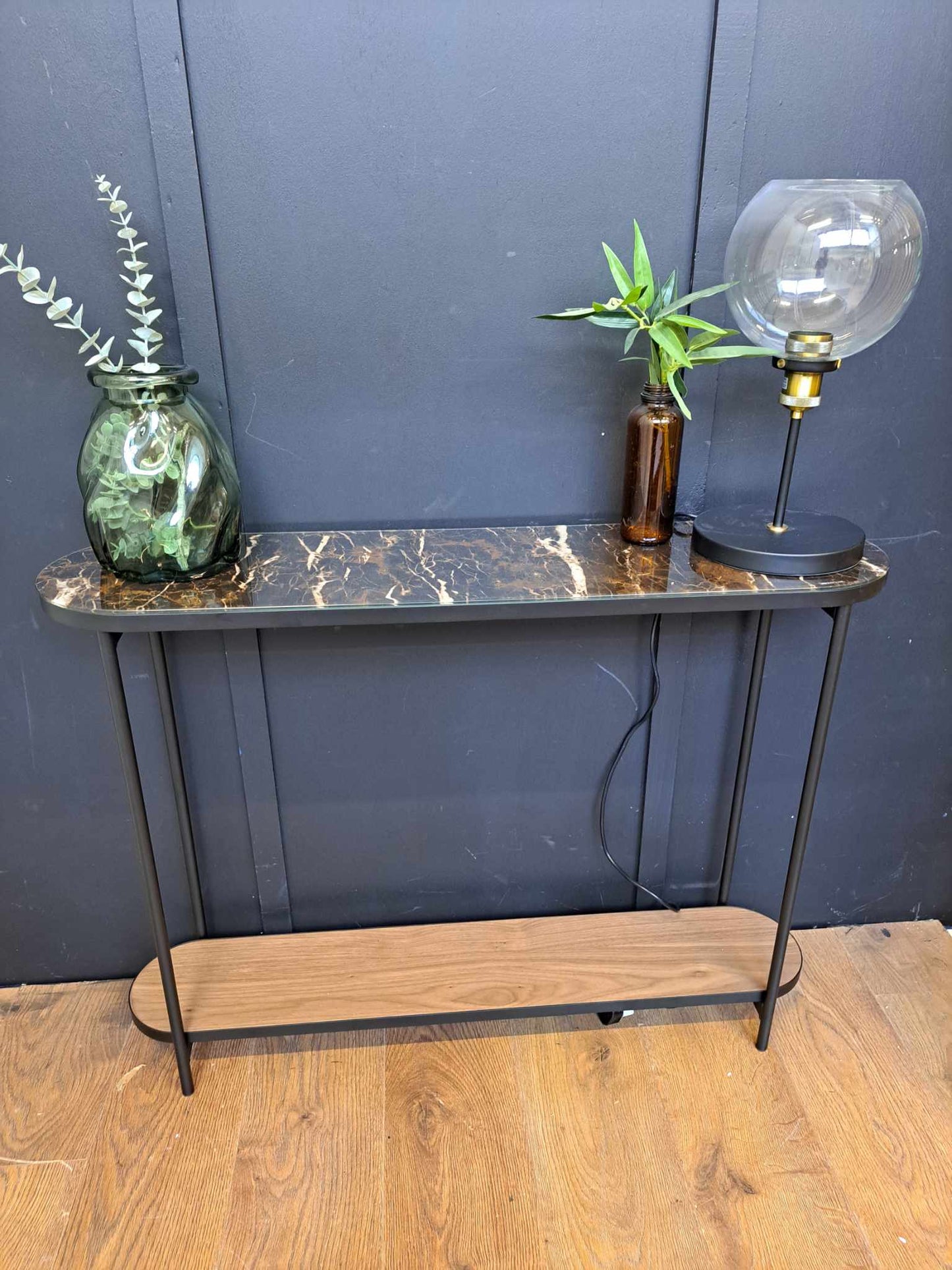 Slim Walnut, Black Metal and Brown Marble Effect Console Table / La Redoute Gil RRP £325