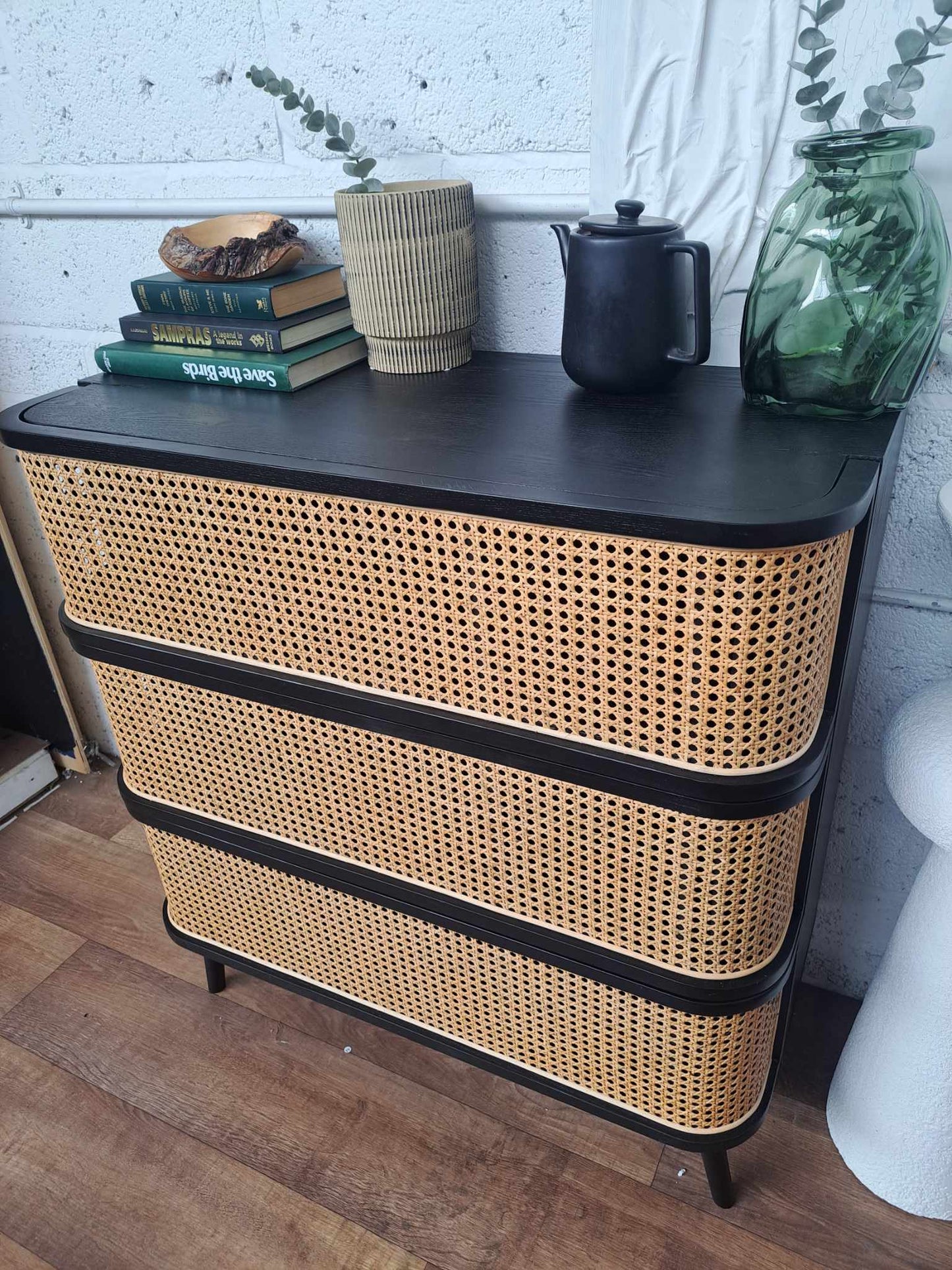 Black and Cane Chest of 3 Drawers / Laora RRP £650