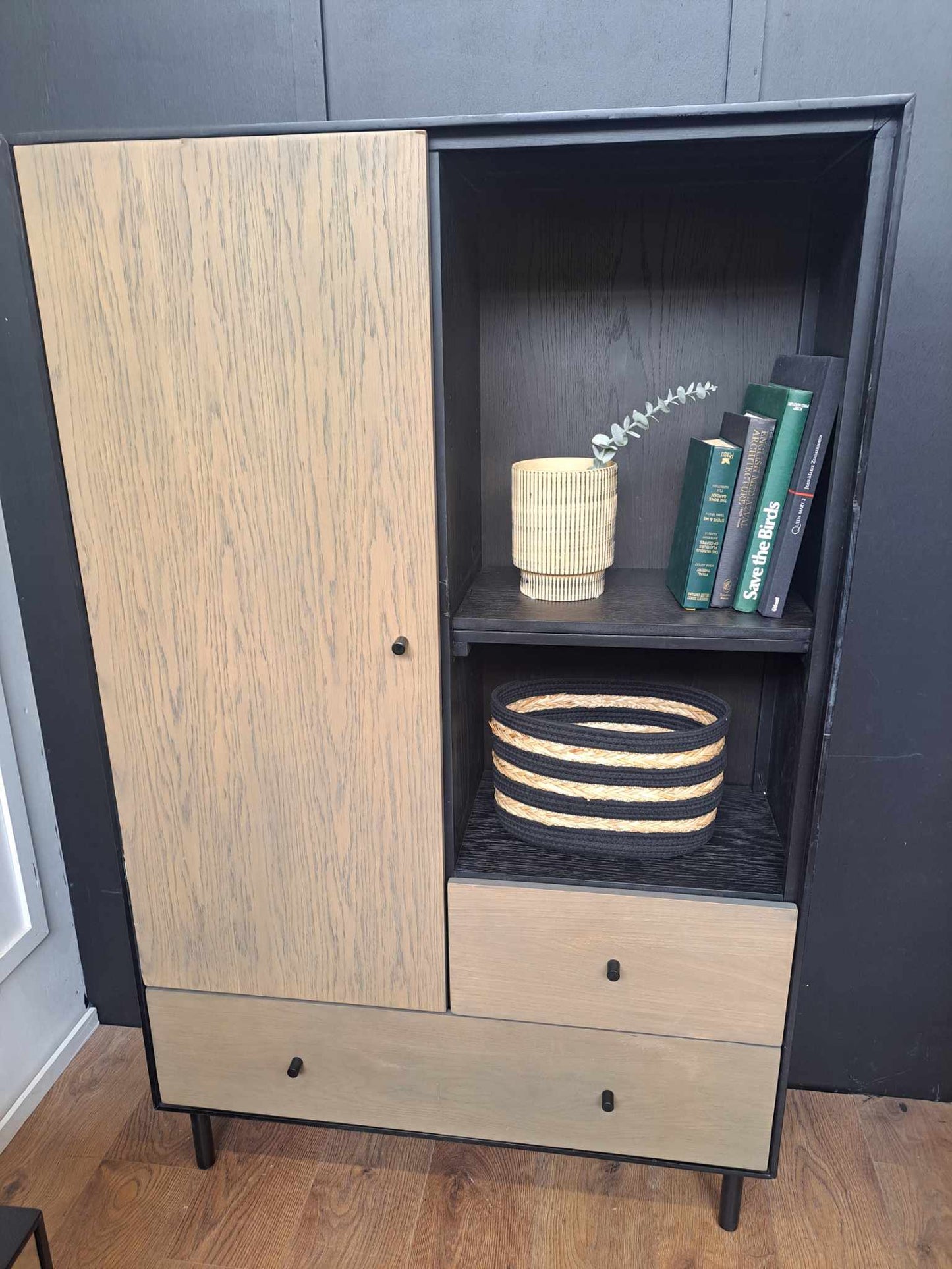 Black and Washed Oak Display Shelving Unit with drawers / Bookcase / RRP £1125