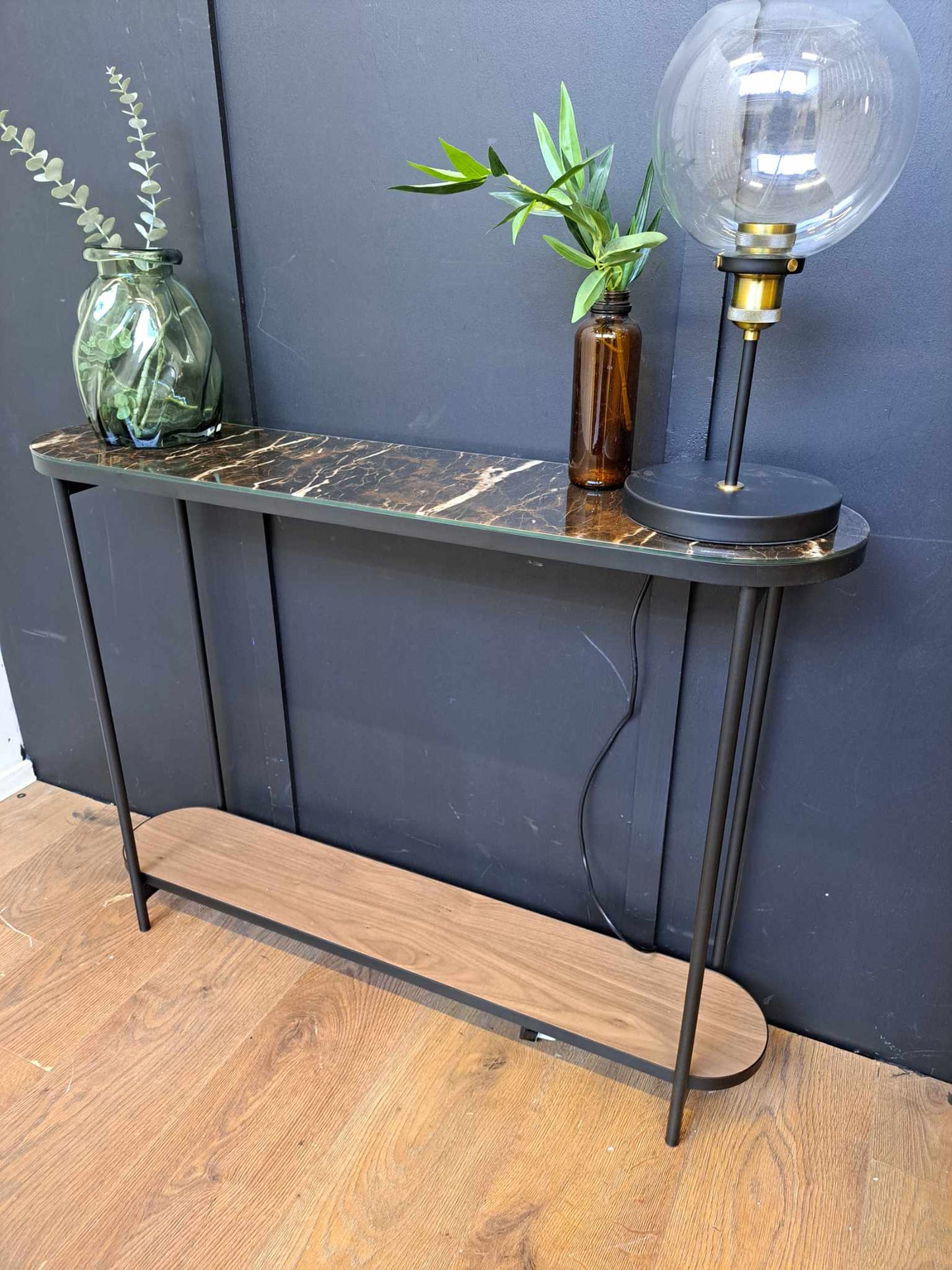 Slim Walnut, Black Metal and Brown Marble Effect Console Table / La Redoute Gil RRP £325