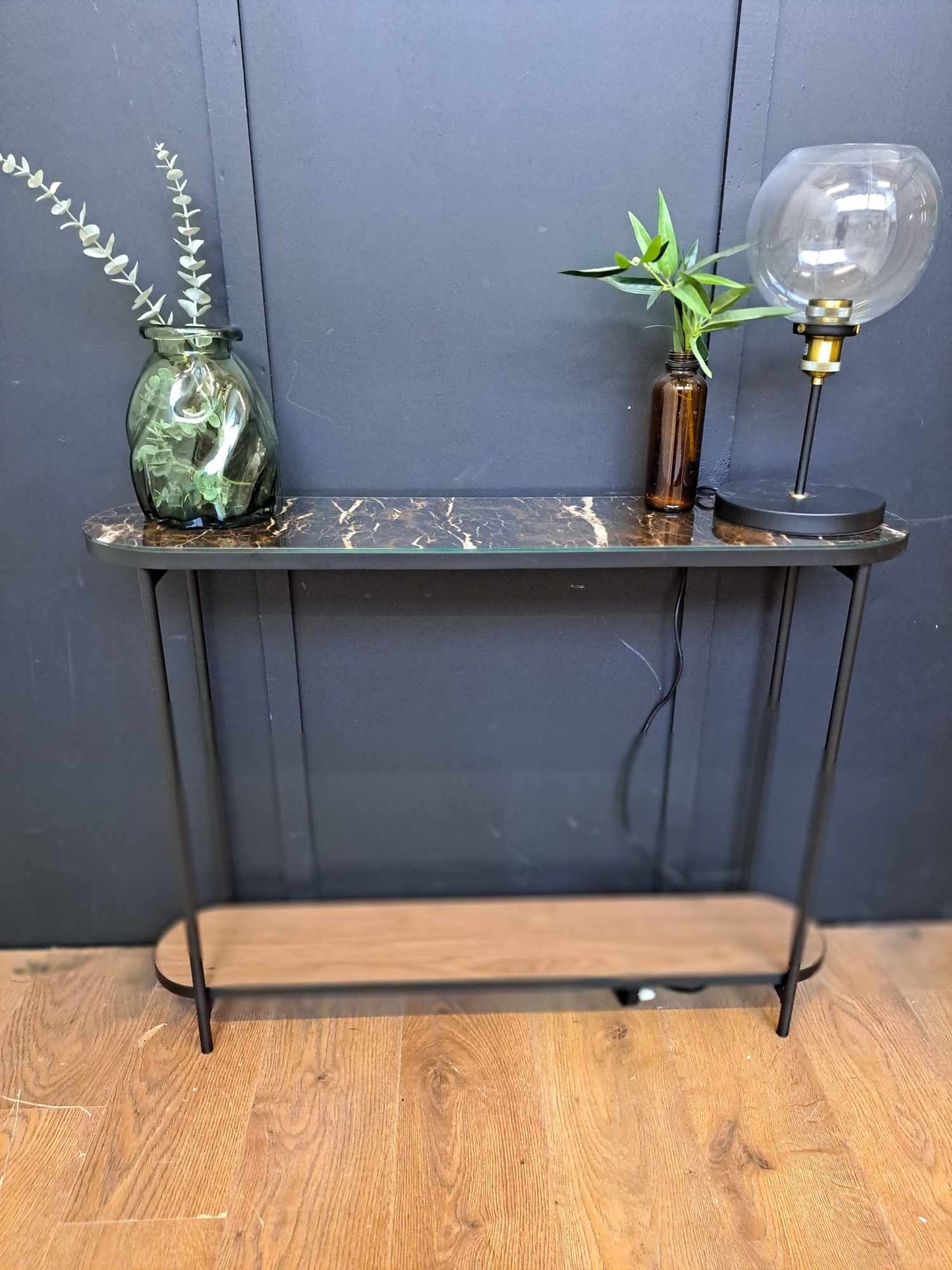 Slim Walnut, Black Metal and Brown Marble Effect Console Table / La Redoute Gil RRP £325