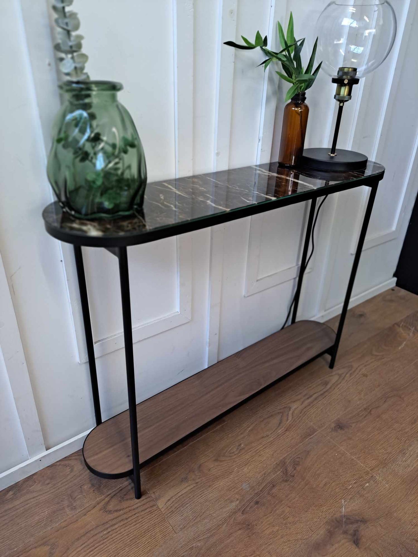 Slim Walnut, Black Metal and Brown Marble Effect Console Table / La Redoute Gil RRP £325