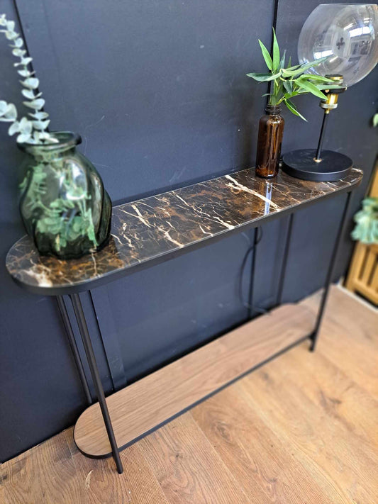 Slim Walnut, Black Metal and Brown Marble Effect Console Table / La Redoute Gil RRP £325