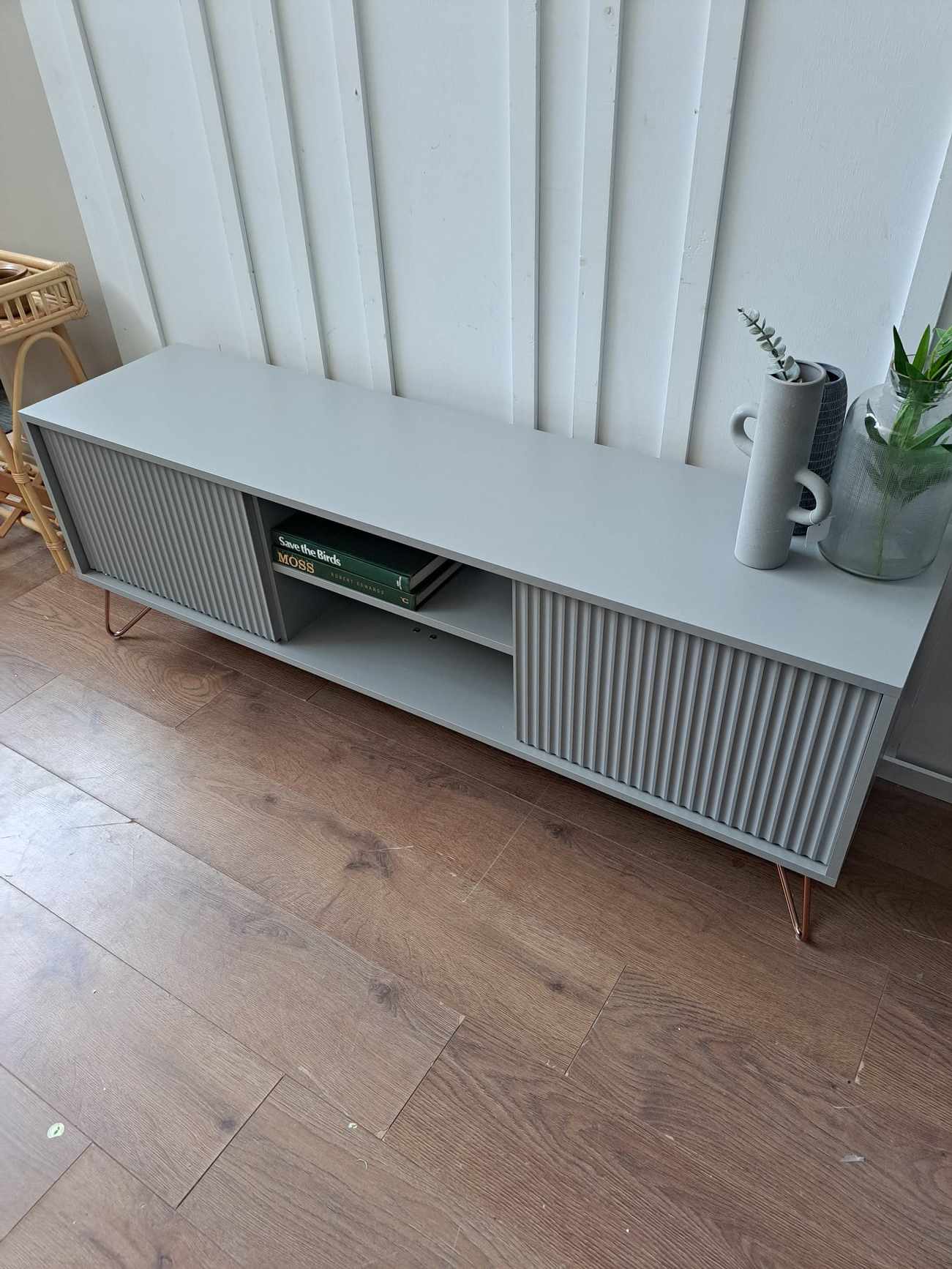 Grey TV Stand / Media Unit / Ribbed doors and rose gold legs