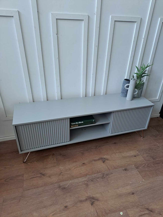 Grey TV Stand / Media Unit / Ribbed doors and rose gold legs