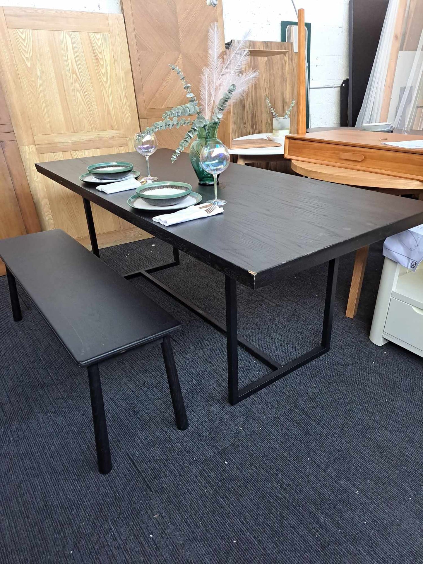 Large Dining Table  / Black Wood and Black Metal 8 Seater