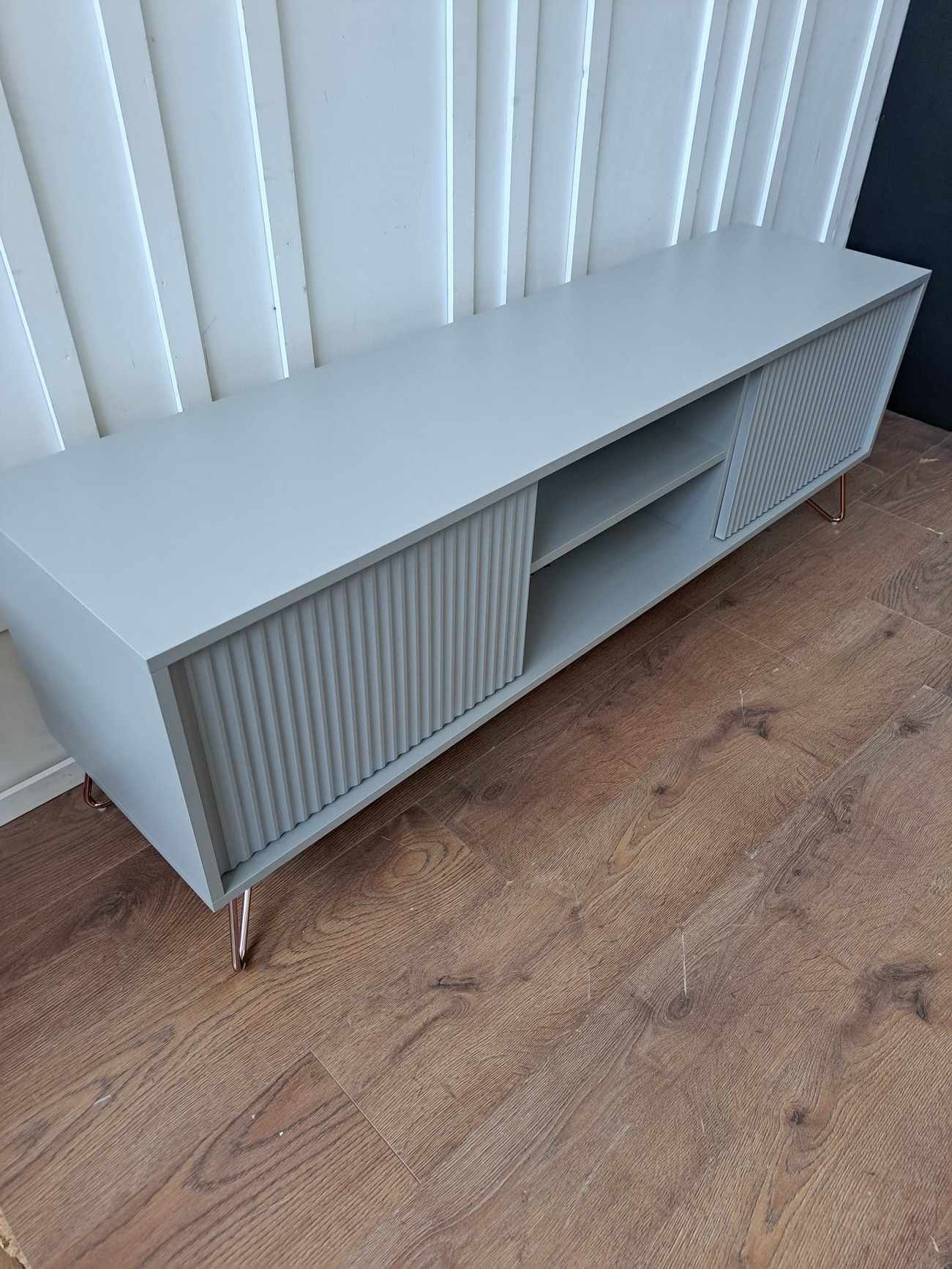 Grey TV Stand / Media Unit / Ribbed doors and rose gold legs