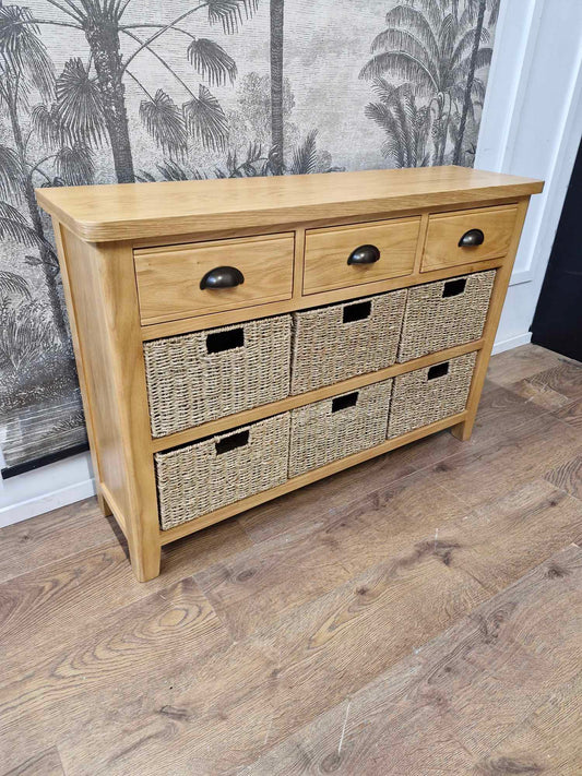 Oak Sideboard with drawers and wicker baskets