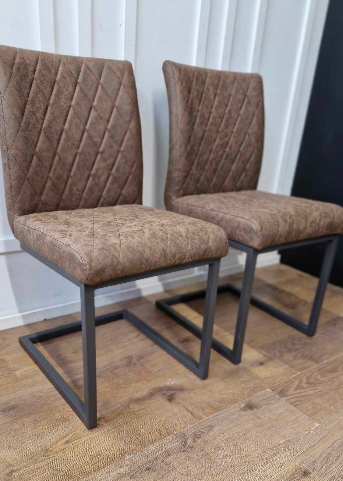 Set of 2 Dining Chairs / Industrial Style Brown Faux Leather and Black Metal