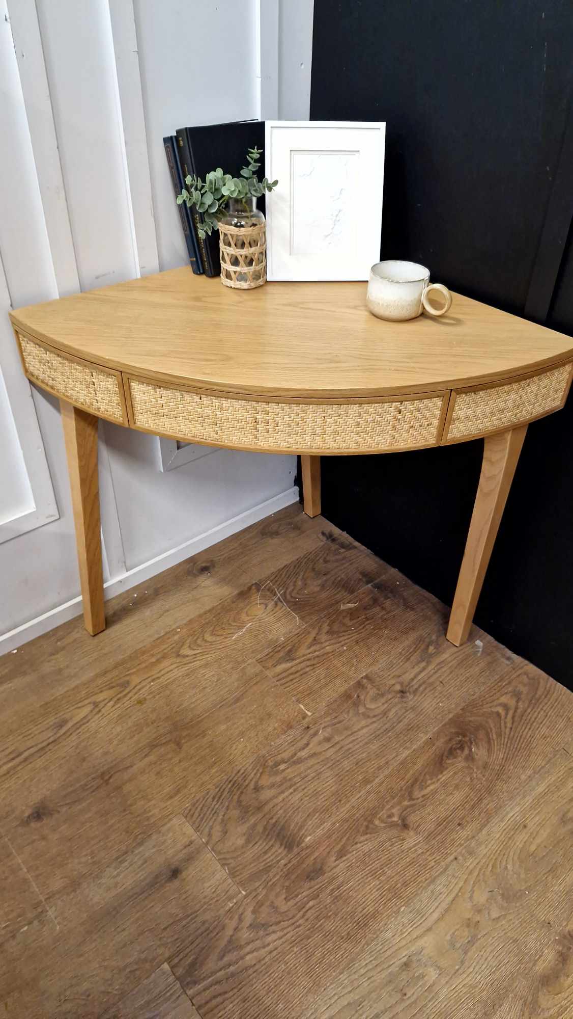 Oak an Rattan Corner Round Desk Console Table / La Redoute Achilde RRP £325