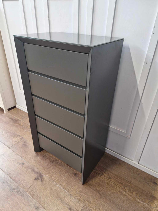 5 Drawer Tall Chest Tallboy Cabinet Storage Matt Dark Grey and Glass