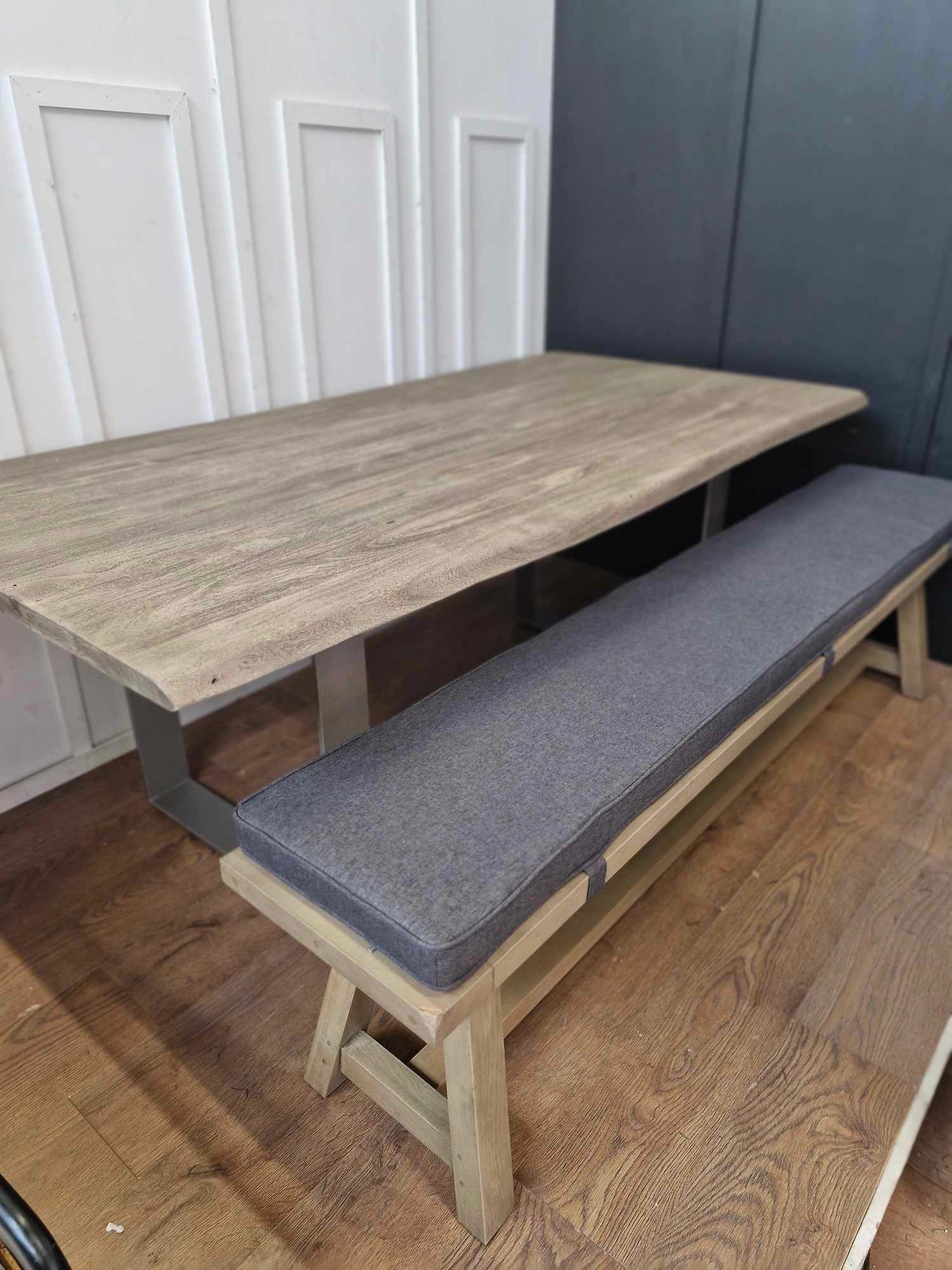 Extra Large Dining Bench Grey Washed Solid Oak, Cushion and Courier deposit