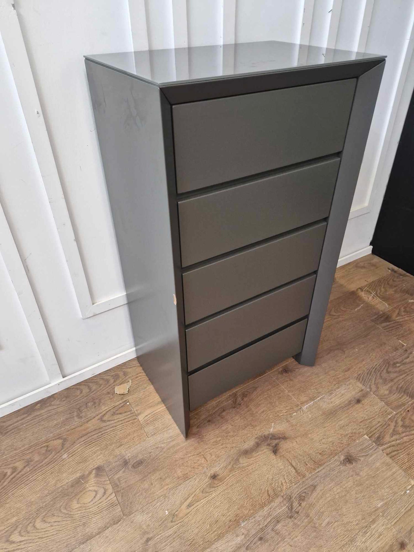 5 Drawer Tall Chest Tallboy Cabinet Storage Matt Dark Grey and Glass