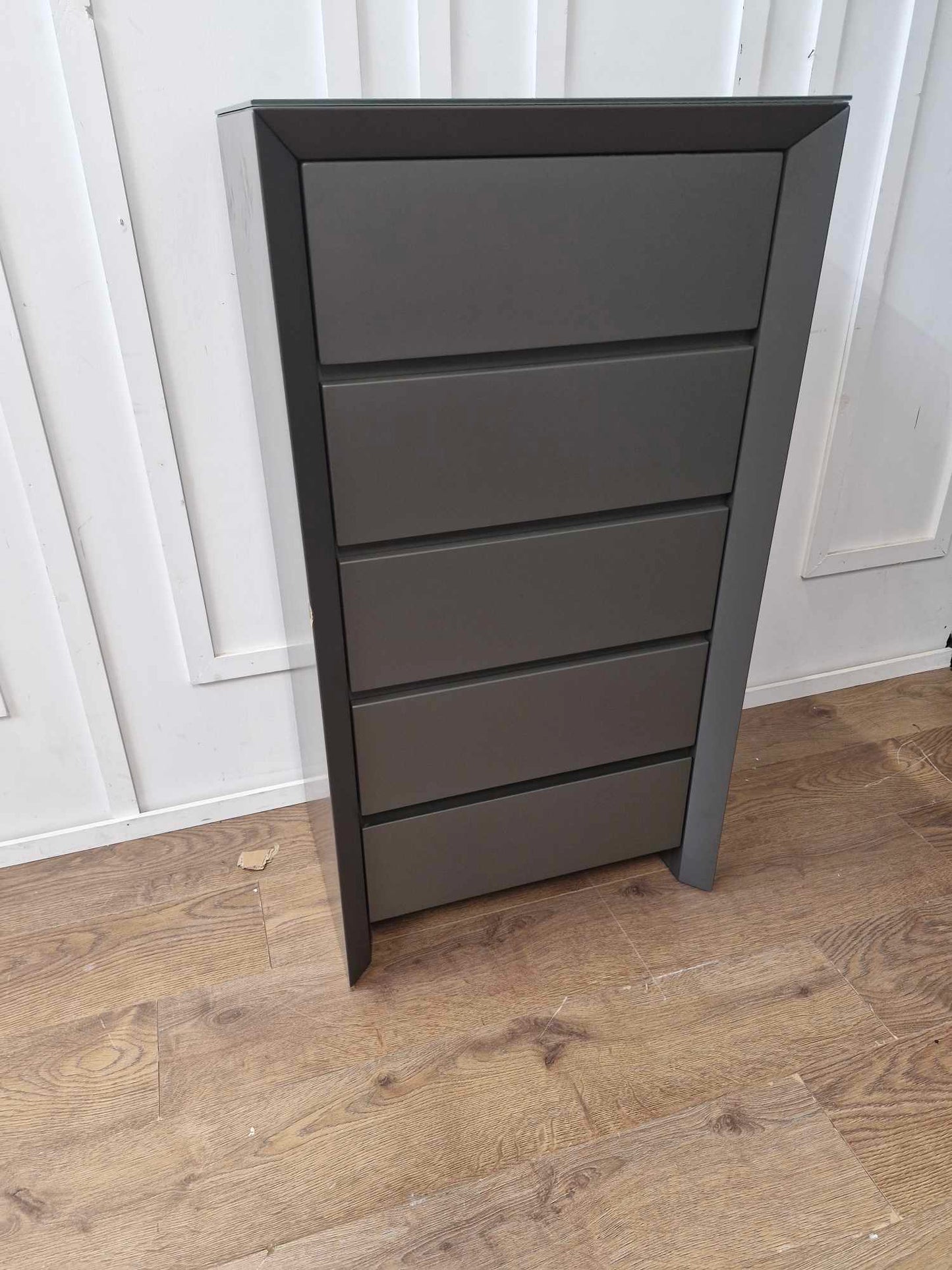5 Drawer Tall Chest Tallboy Cabinet Storage Matt Dark Grey and Glass