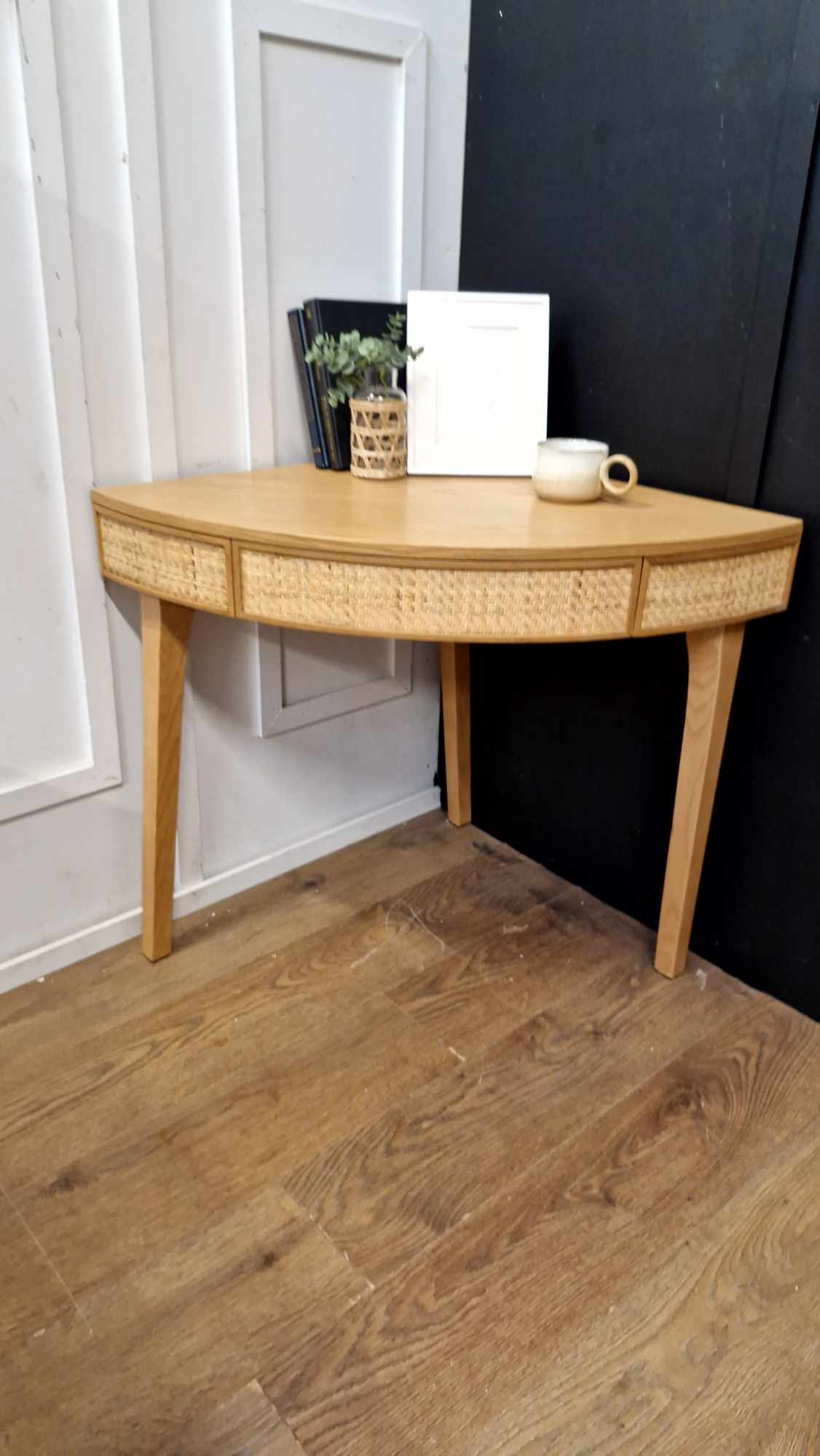 Oak an Rattan Corner Round Desk Console Table / La Redoute Achilde RRP £325