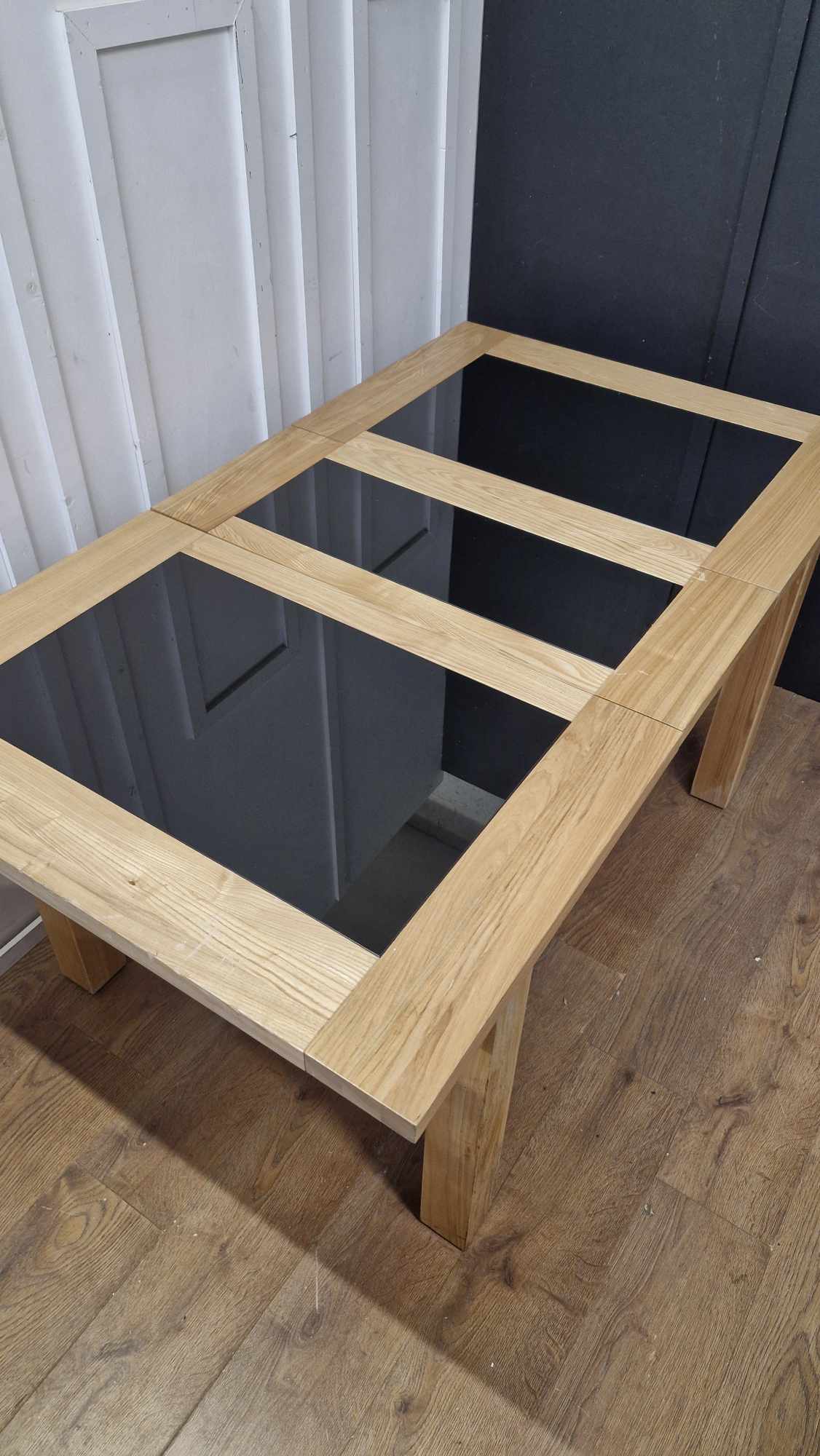 Solid Oak and Black Glass Extending Dining Table