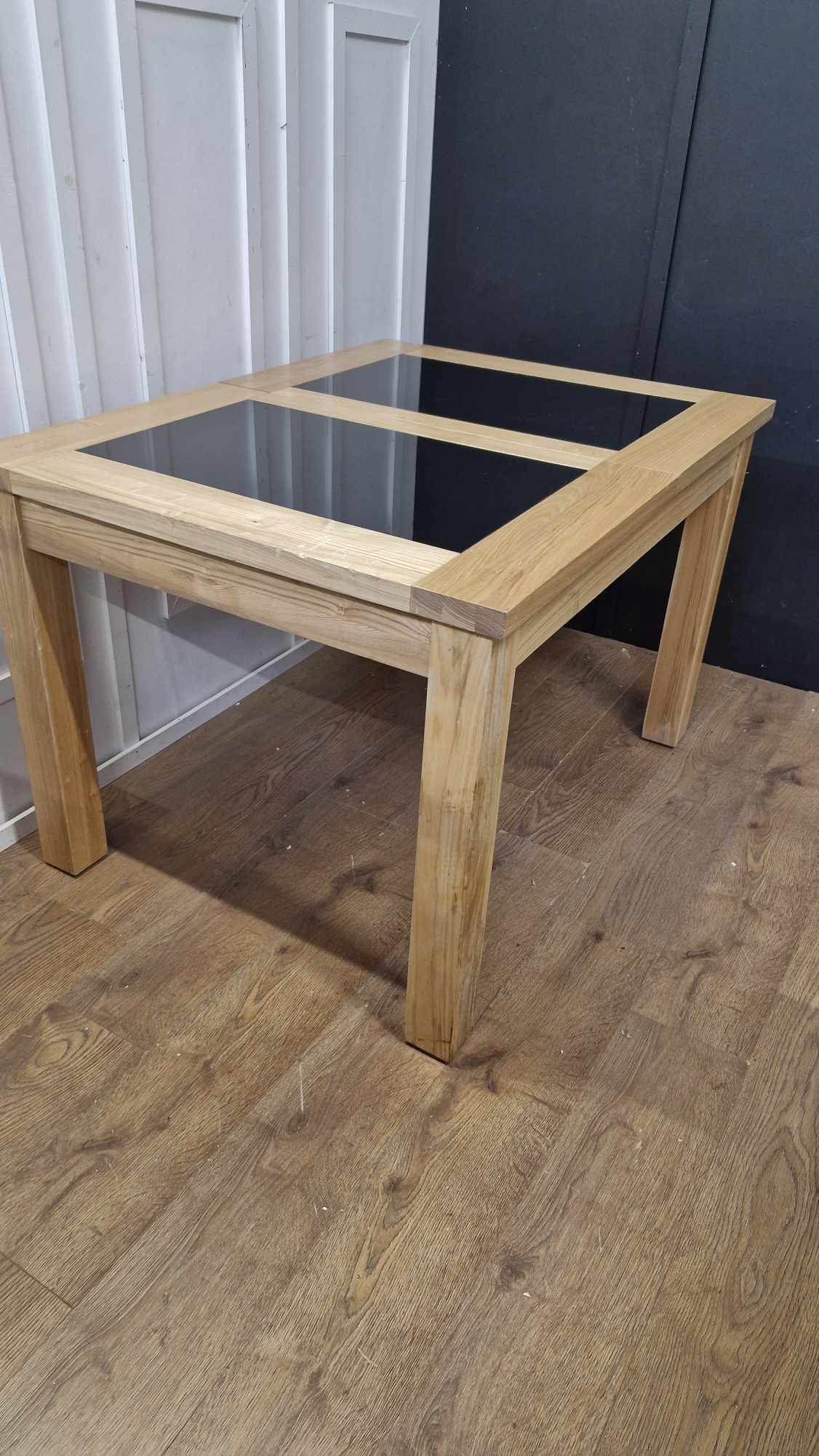 Solid Oak and Black Glass Extending Dining Table