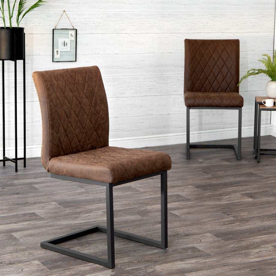 Set of 2 Dining Chairs / Industrial Style Brown Faux Leather and Black Metal