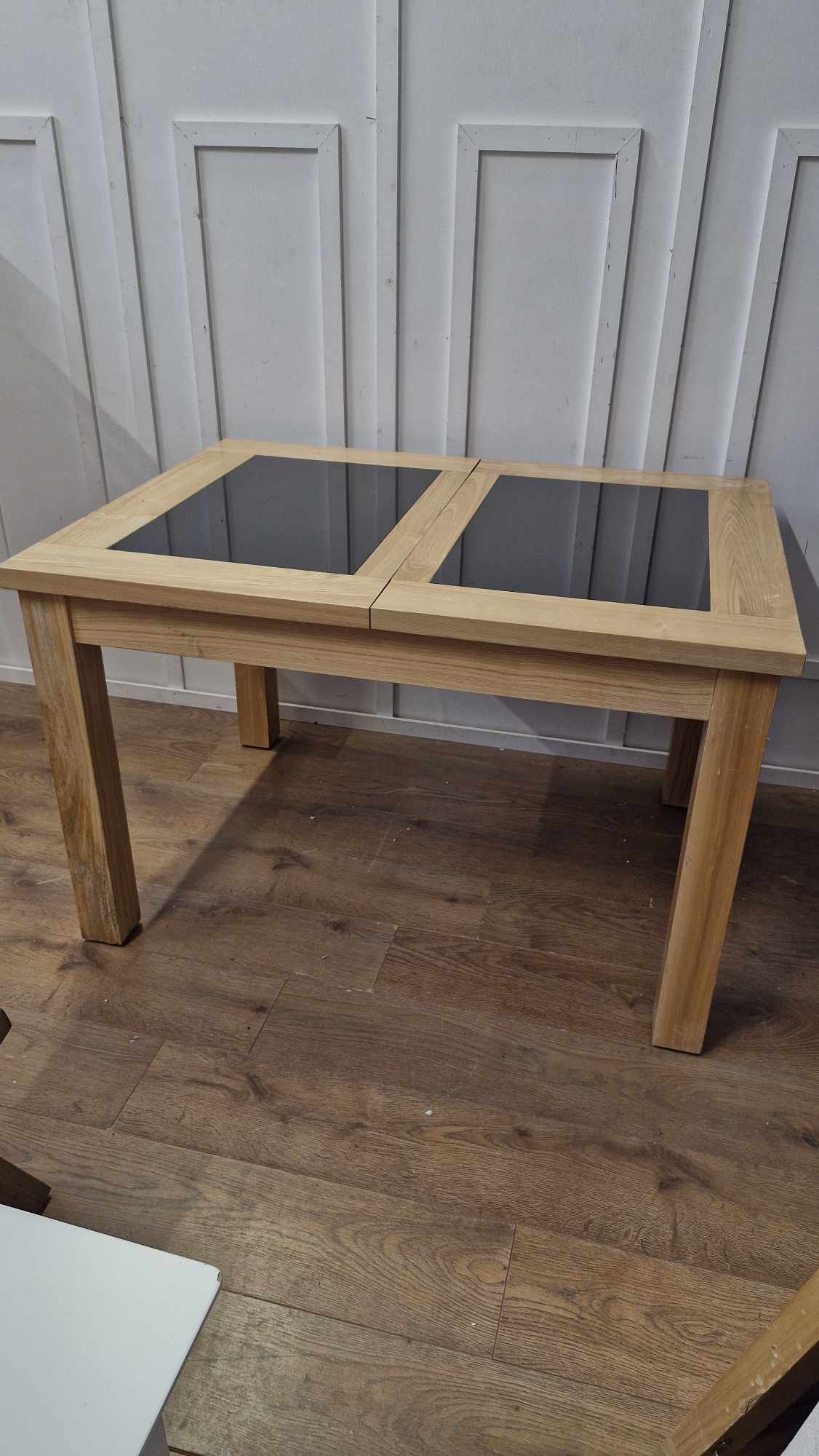 Solid Oak and Black Glass Extending Dining Table