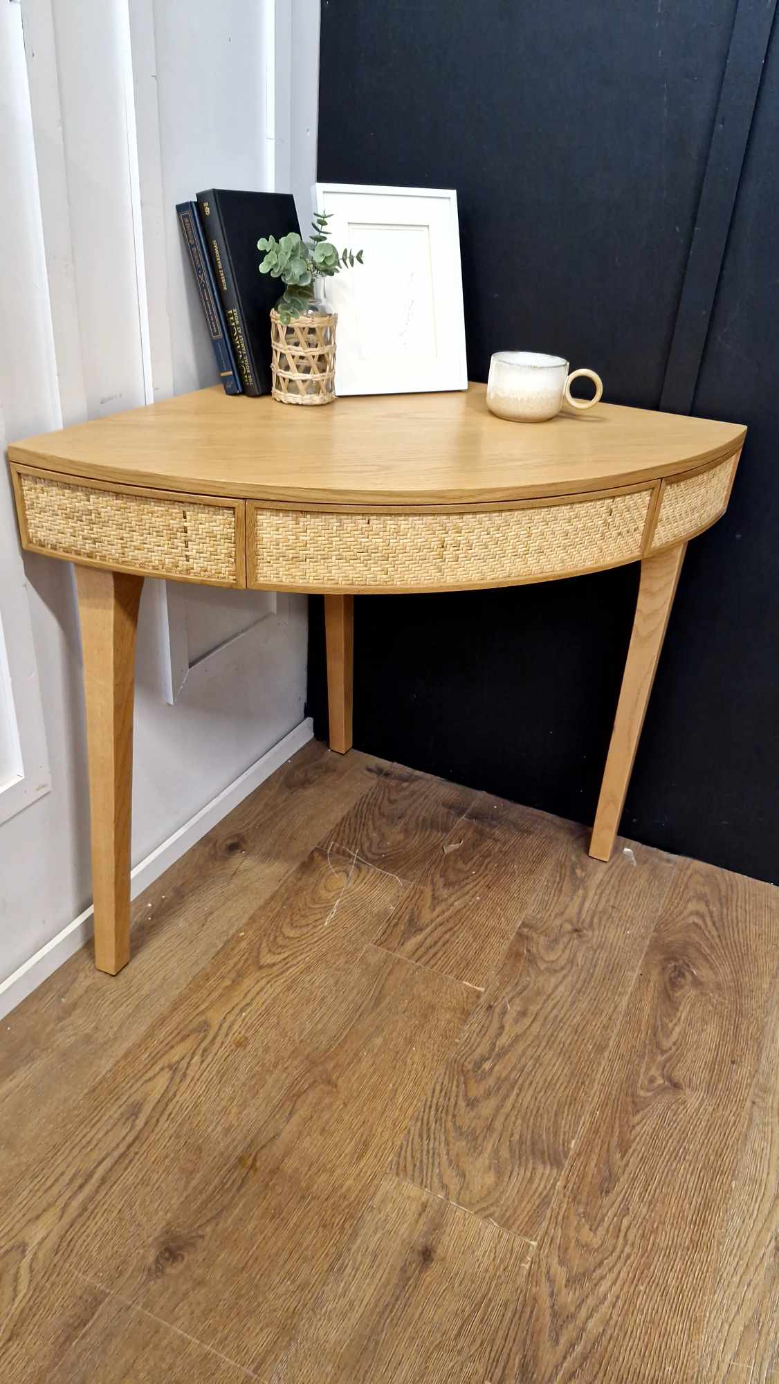 Oak an Rattan Corner Round Desk Console Table / La Redoute Achilde RRP £325