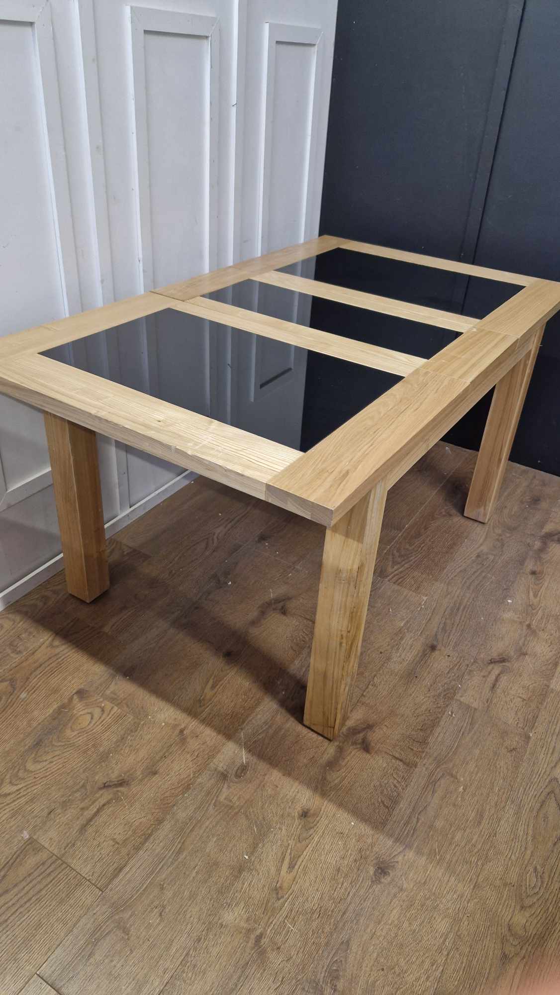 Solid Oak and Black Glass Extending Dining Table