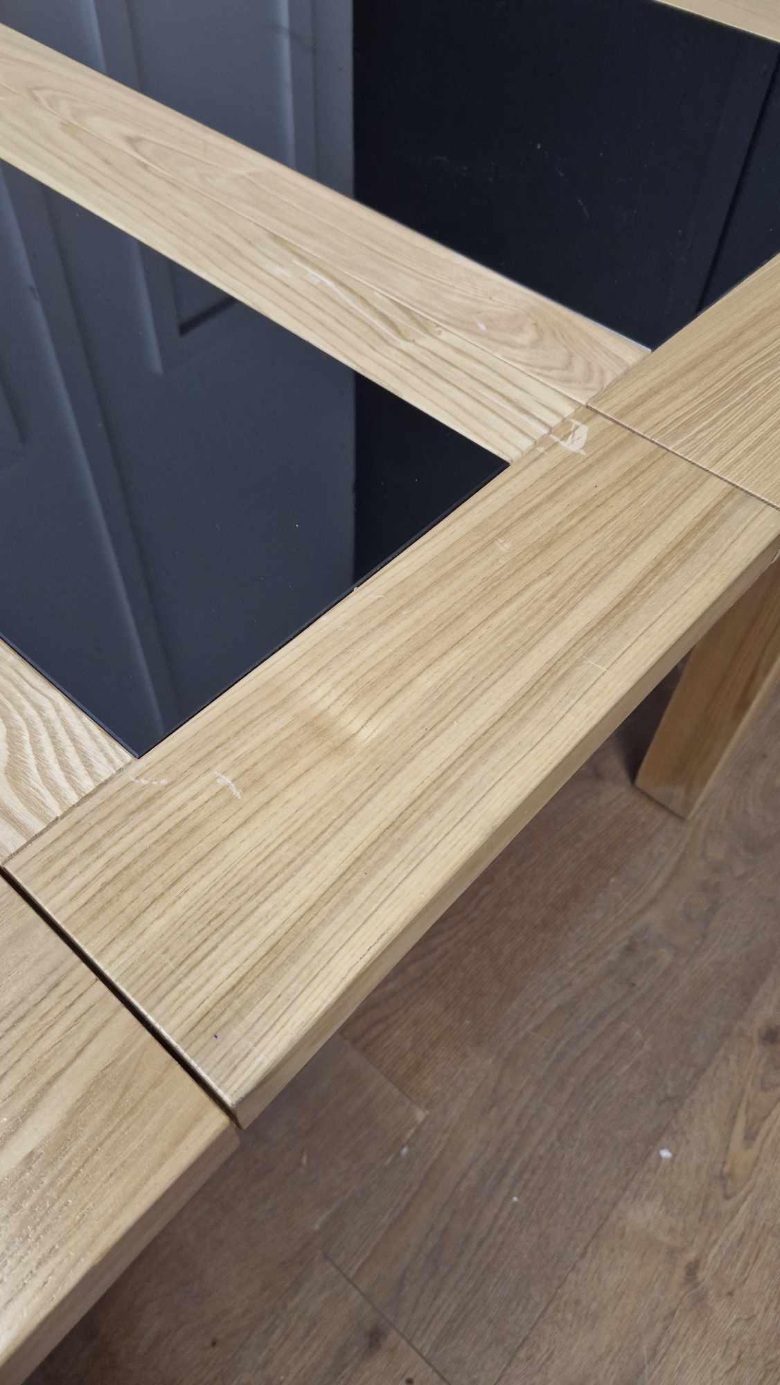 Solid Oak and Black Glass Extending Dining Table