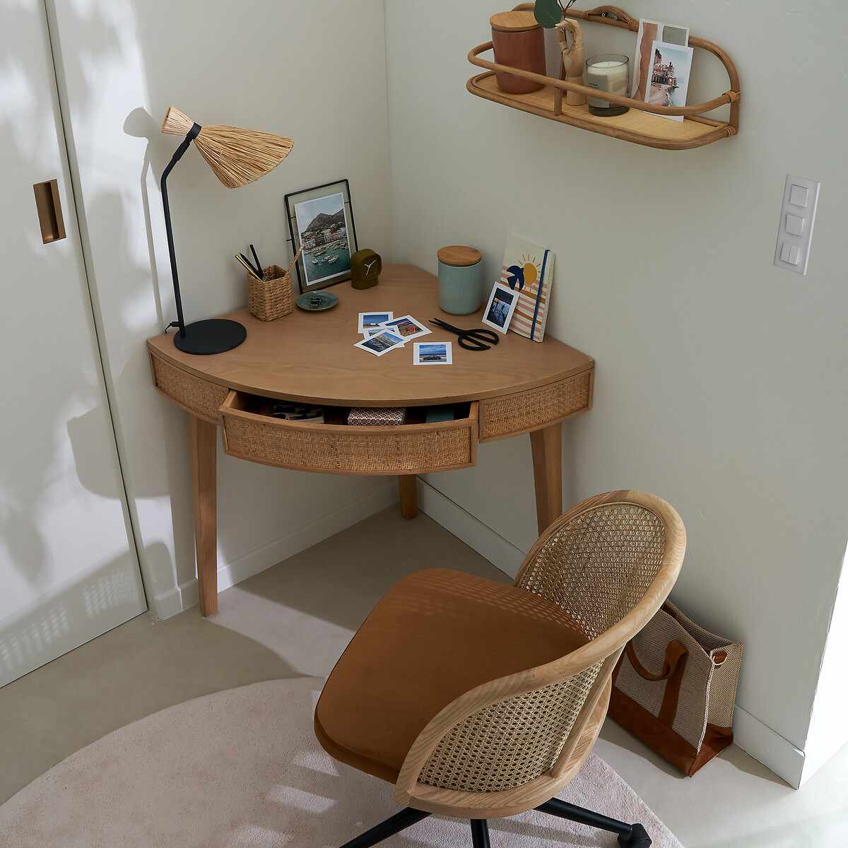 Oak an Rattan Corner Round Desk Console Table / La Redoute Achilde RRP £325