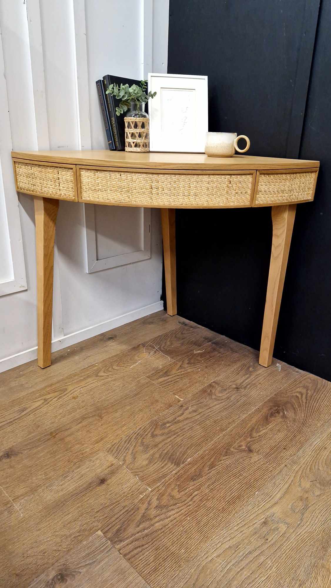 Oak an Rattan Corner Round Desk Console Table / La Redoute Achilde RRP £325