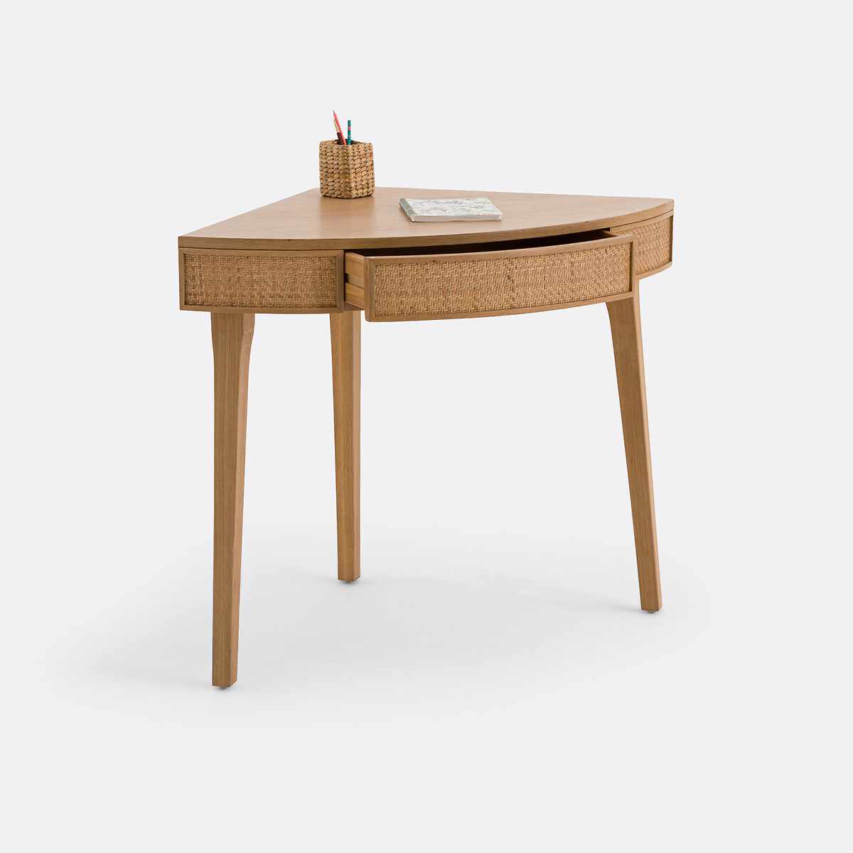 Oak an Rattan Corner Round Desk Console Table / La Redoute Achilde RRP £325