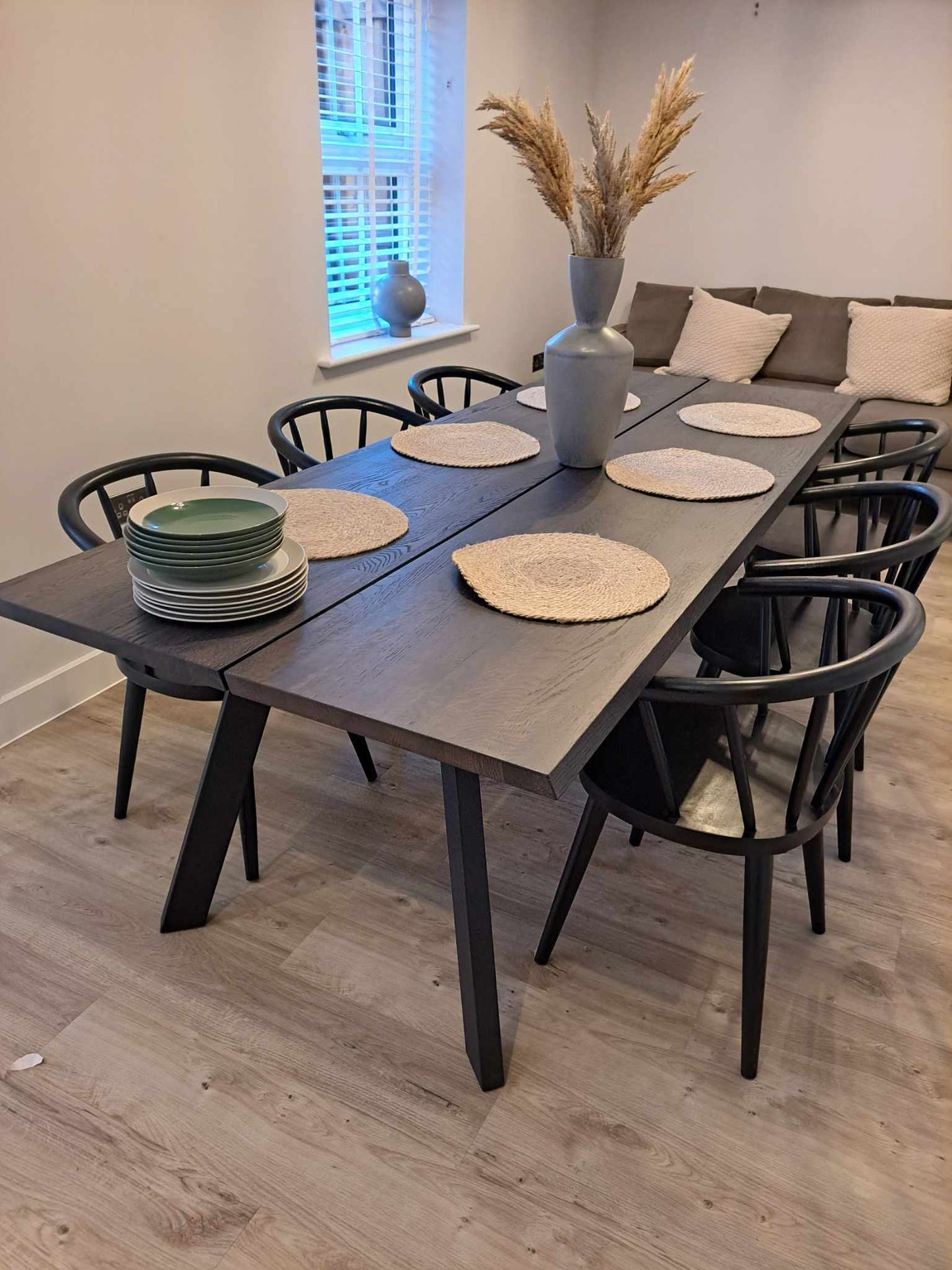 Extra Large Black Solid Wood and Metal Dining Table / 240cm