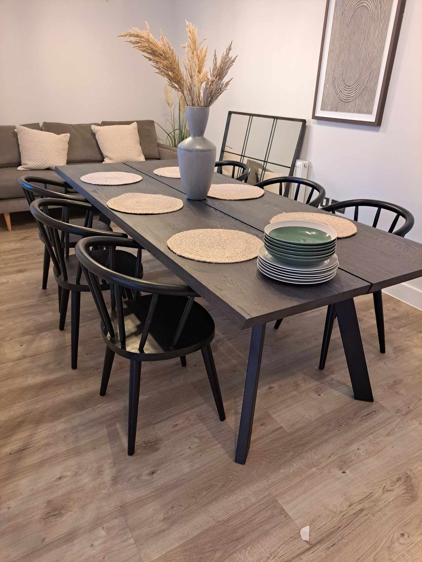 Extra Large Black Solid Wood and Metal Dining Table / 240cm