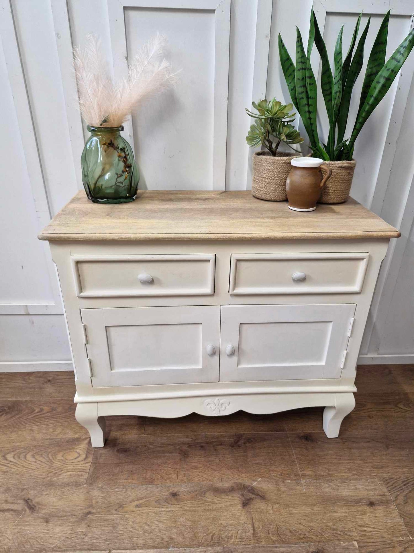 Solid wood White and Wood Cabinet /  Urban Deco Fleur Distressed Painted French Style