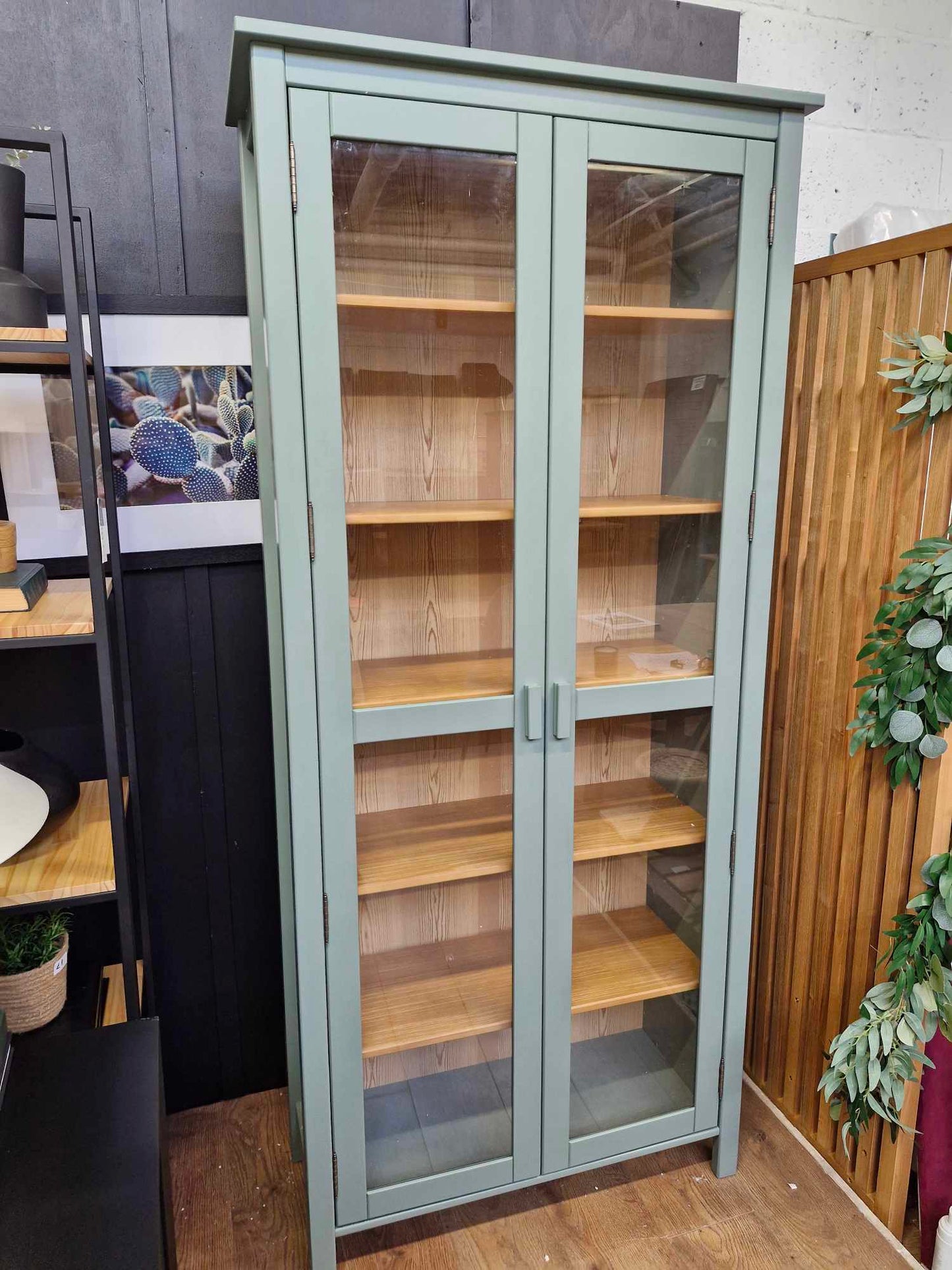 Green Eucalyptus and wood Tall cabinet with glass doors / Alvina Solid Pine Dresser Cabinet